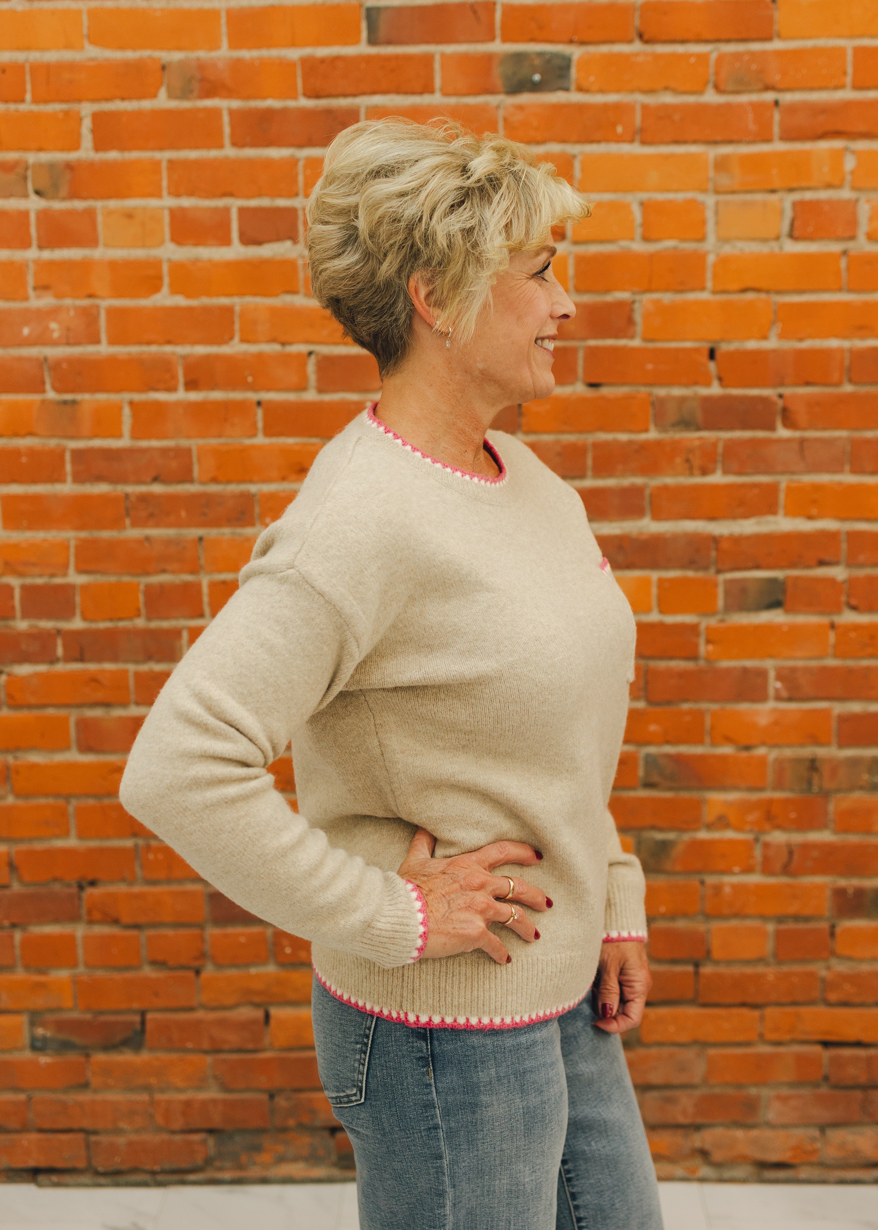 Pop Color Crew Neck Sweater - Taupe