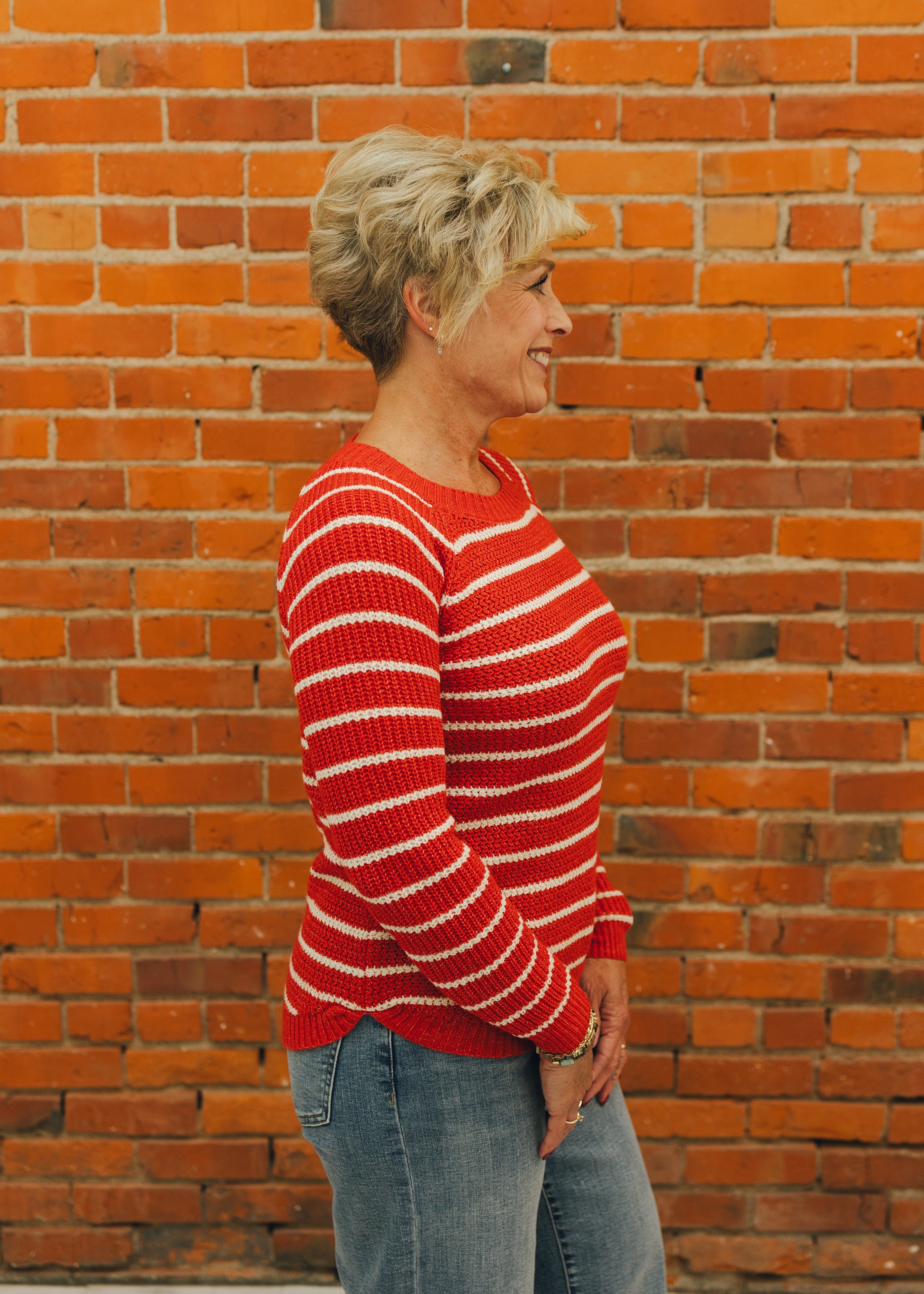 Mini Waffle Striped Sweater - Red