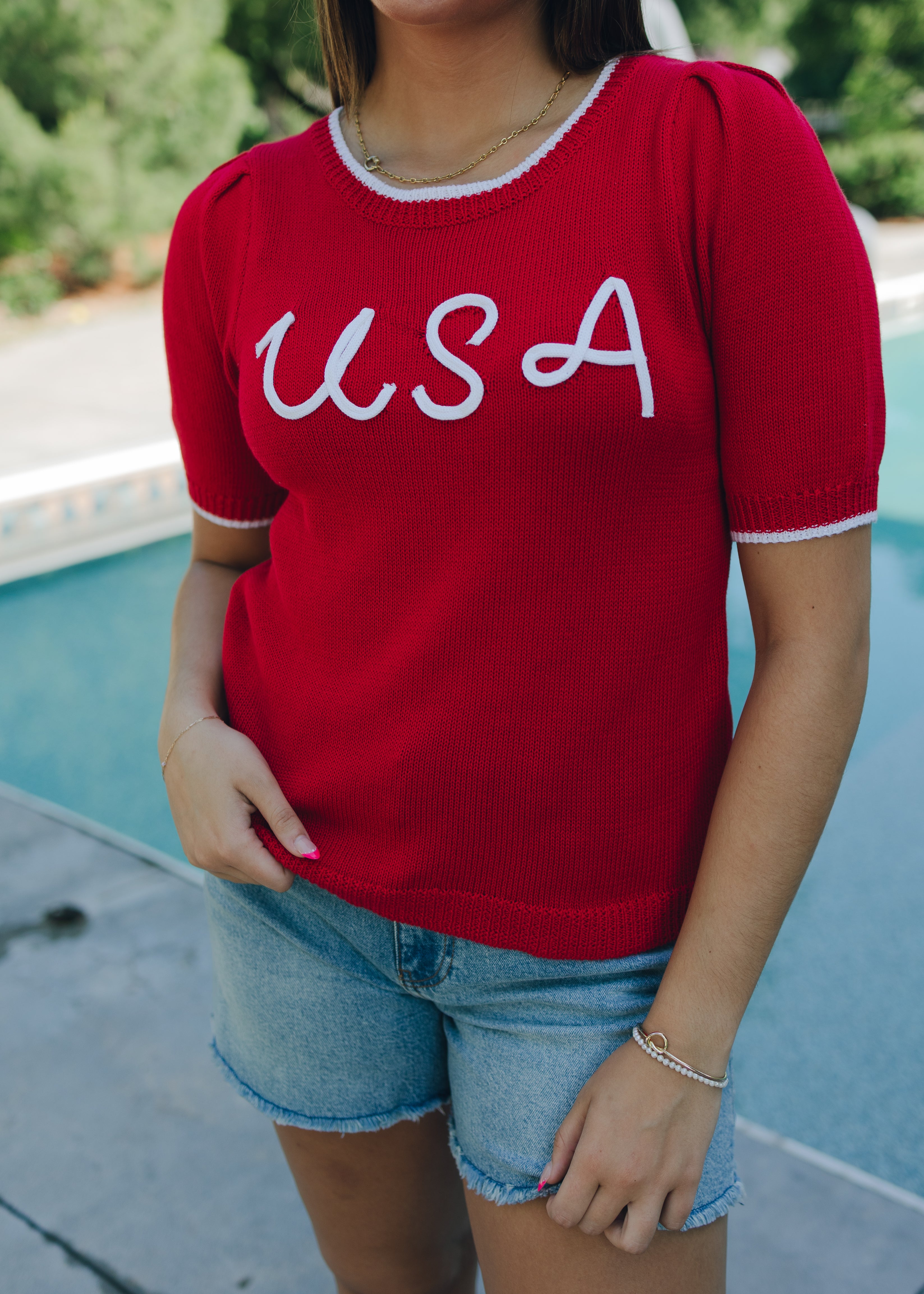 USA Embroidered Short Sleeve Sweater
