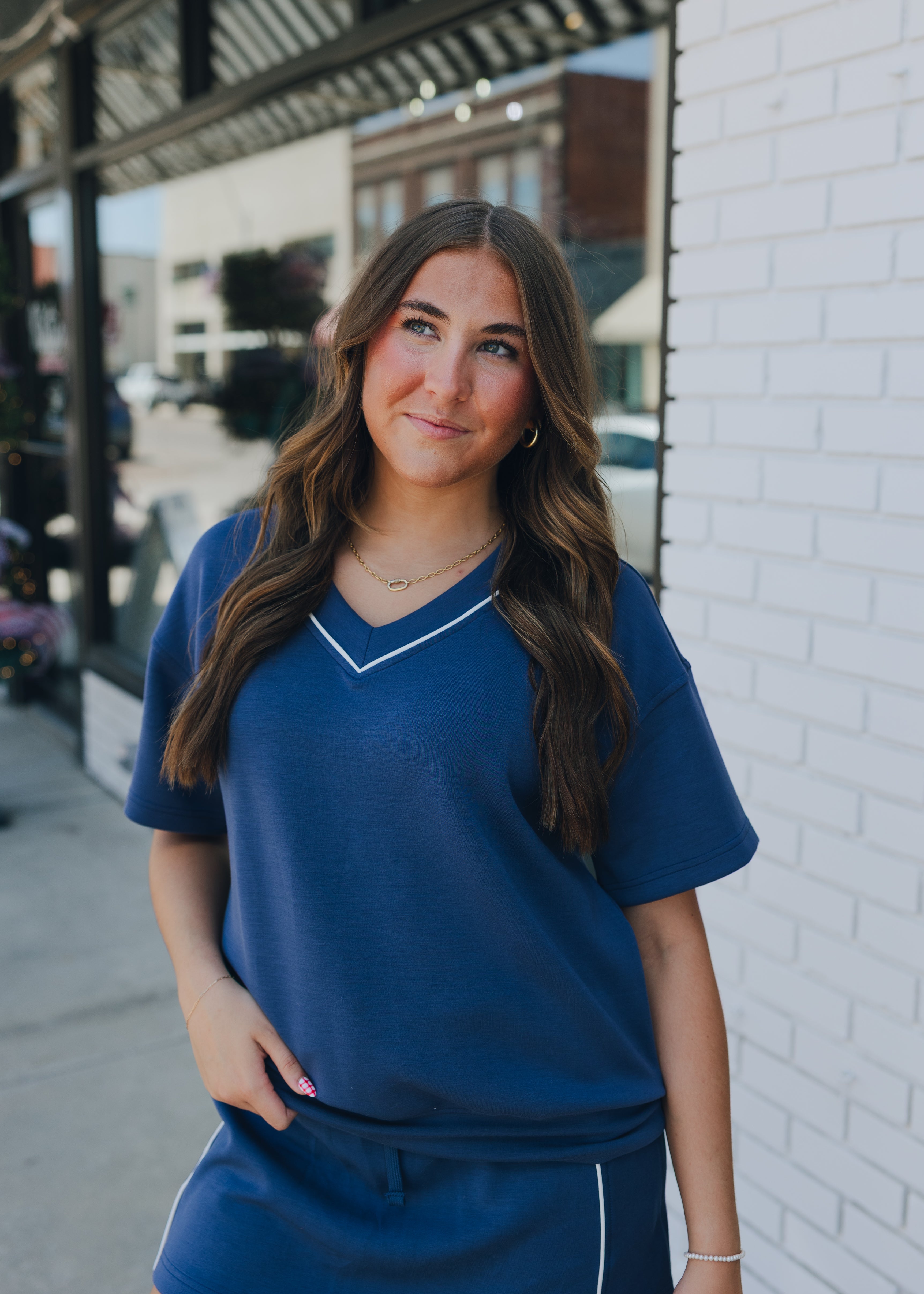 Modal Poly Flat Piping V-Neck Top