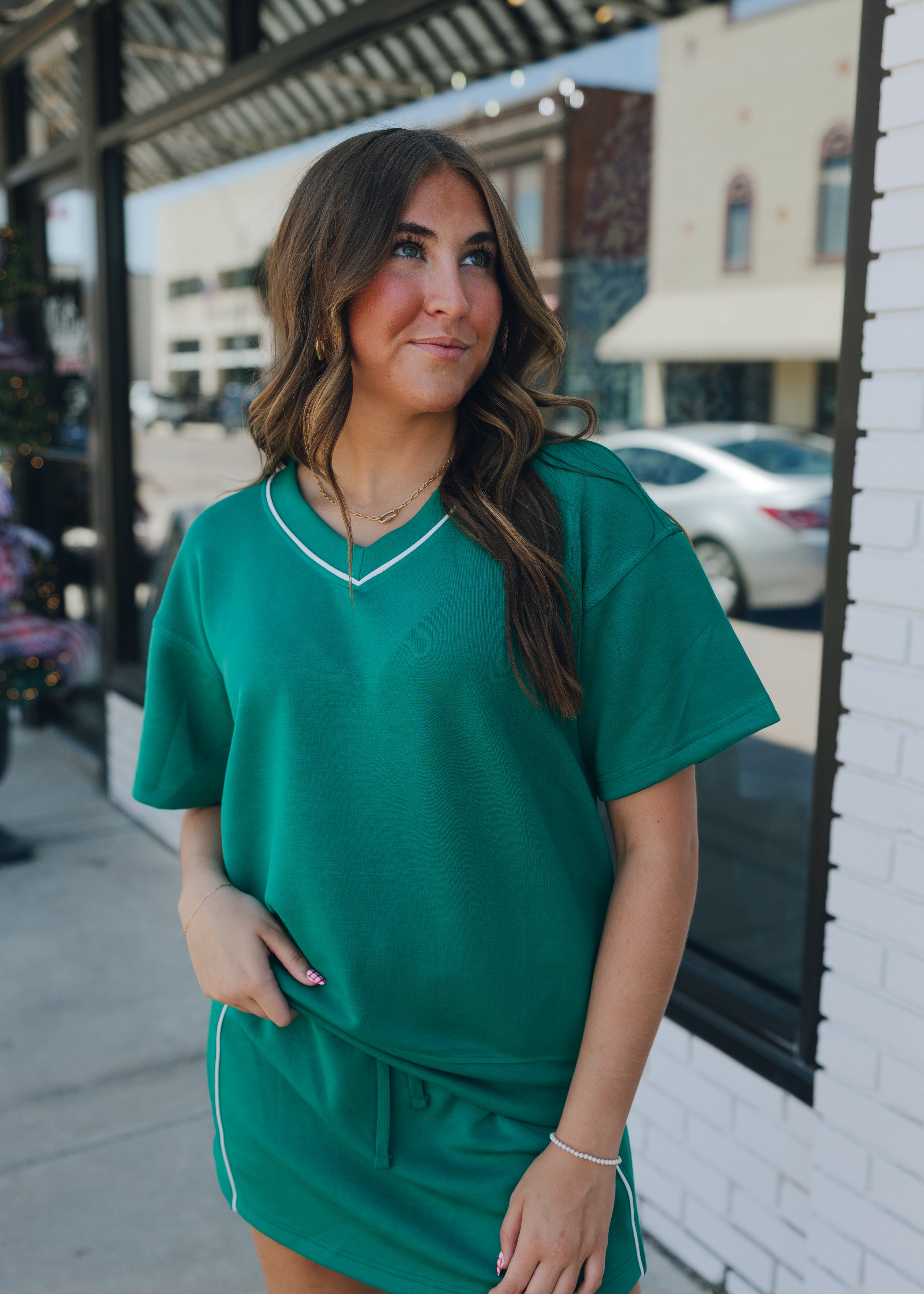 Modal Poly Flat Piping V-Neck Top