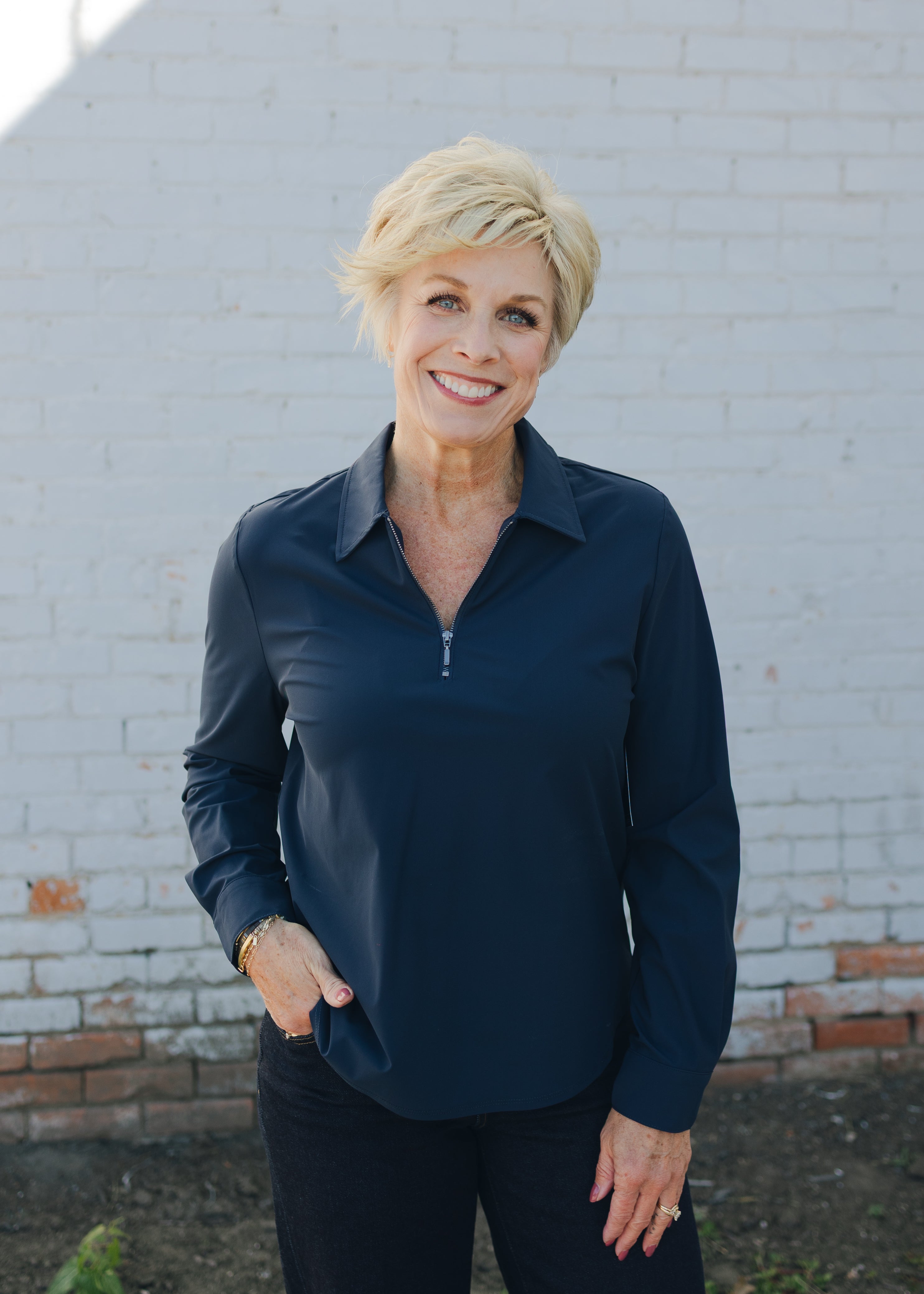 Liverpool Long Sleeve Collared Zip Front Knit Shirt