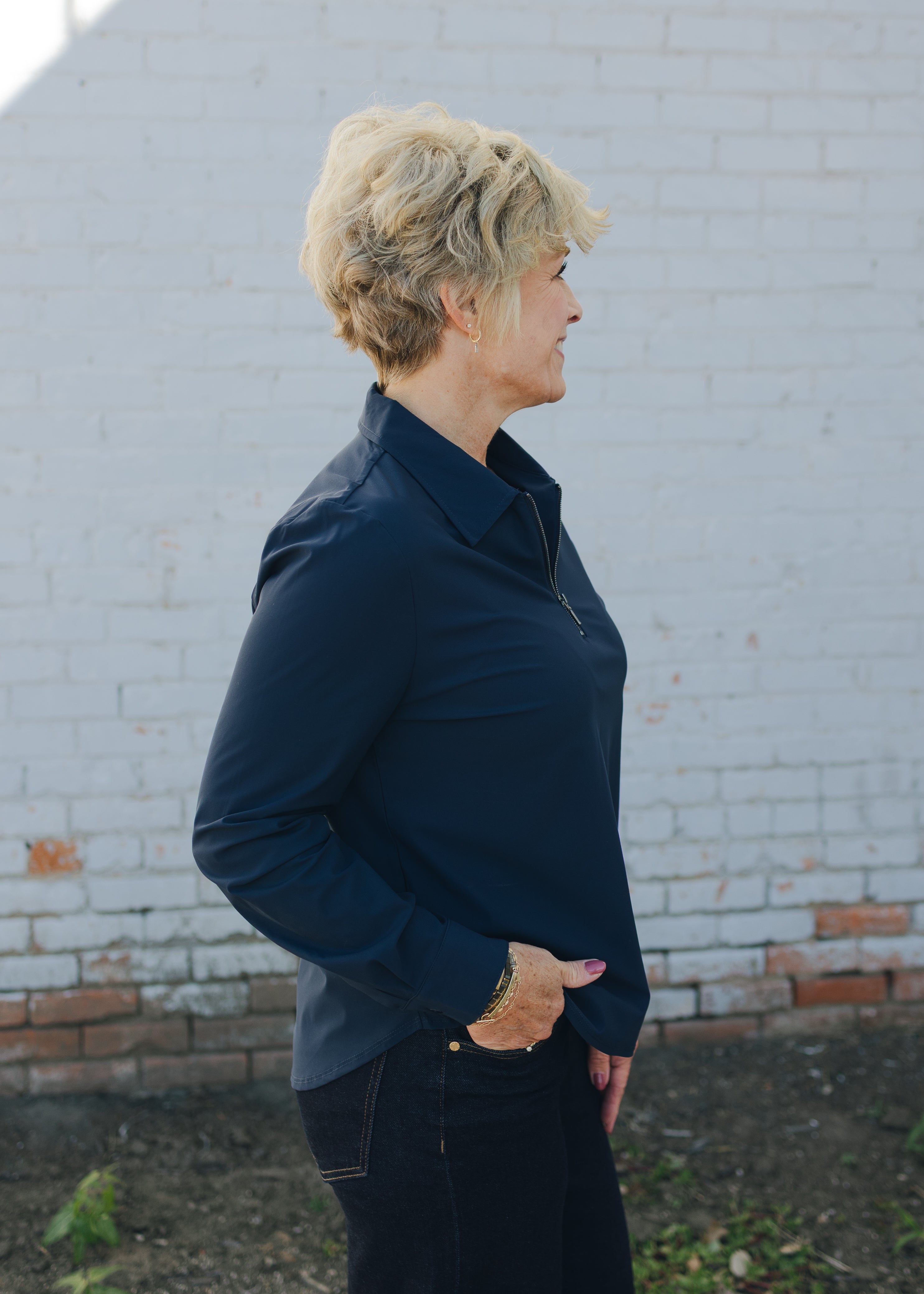 Liverpool Long Sleeve Collared Zip Front Knit Shirt