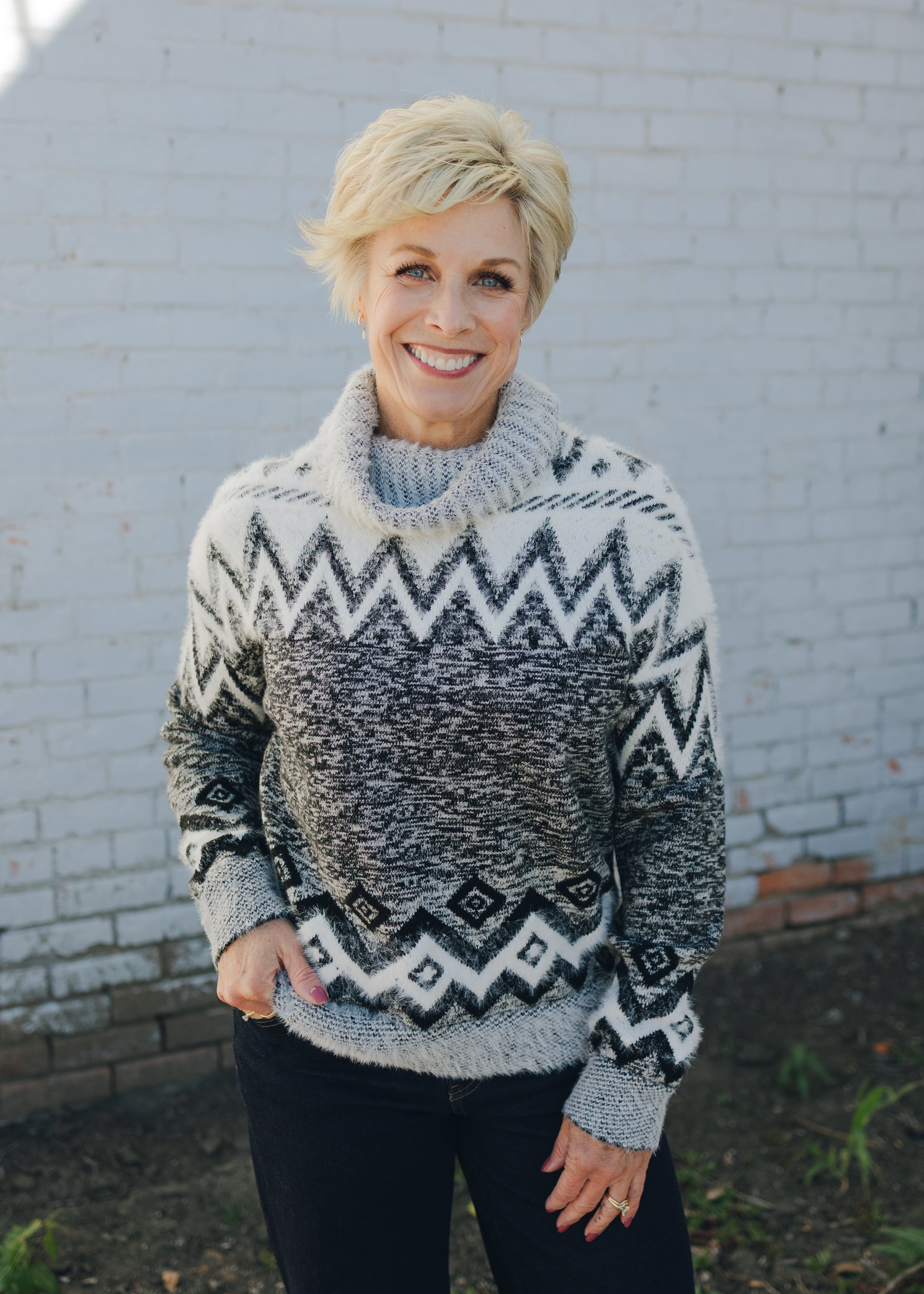 Tribal T-Neck Intarsia Sweater