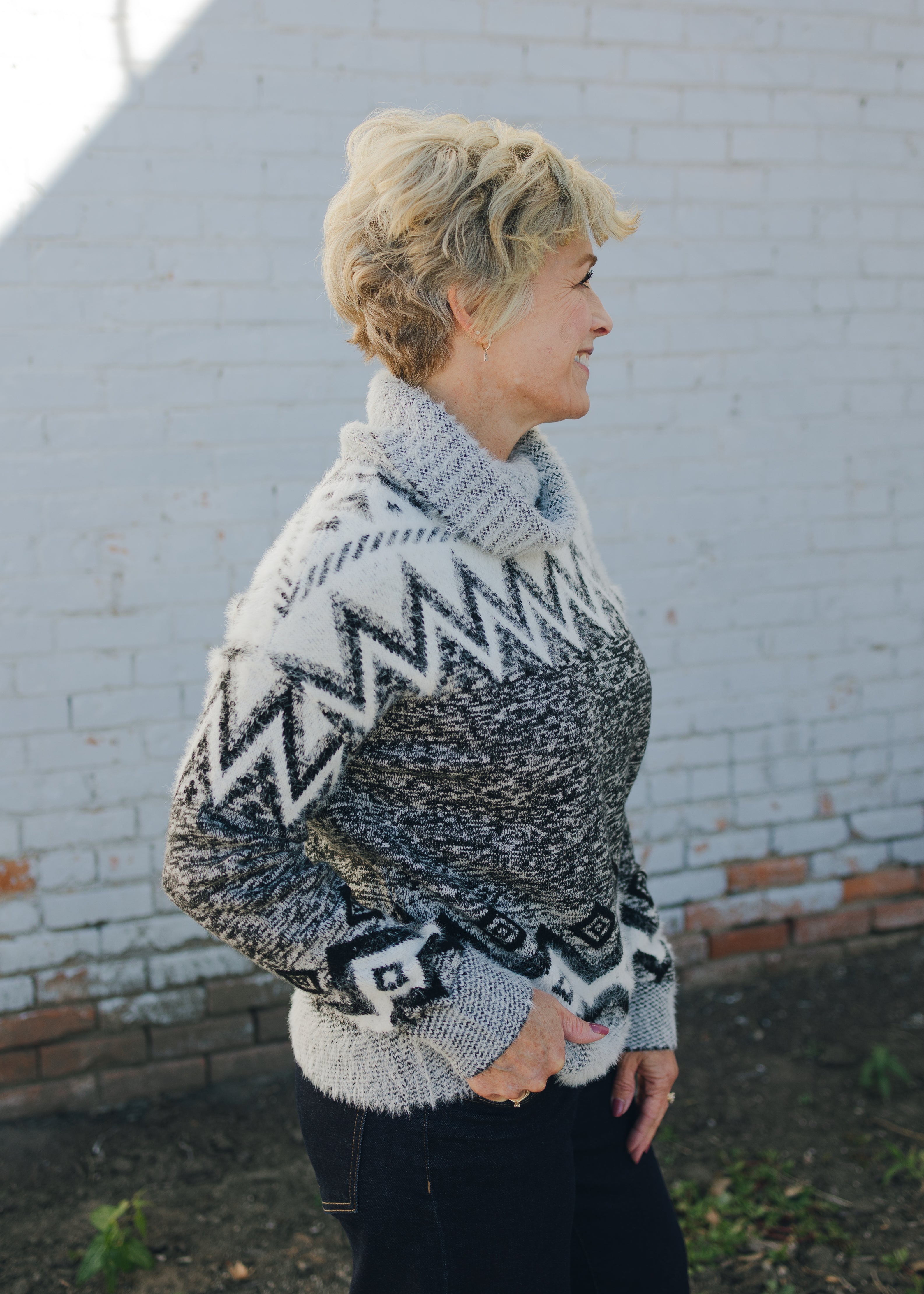 Tribal T-Neck Intarsia Sweater