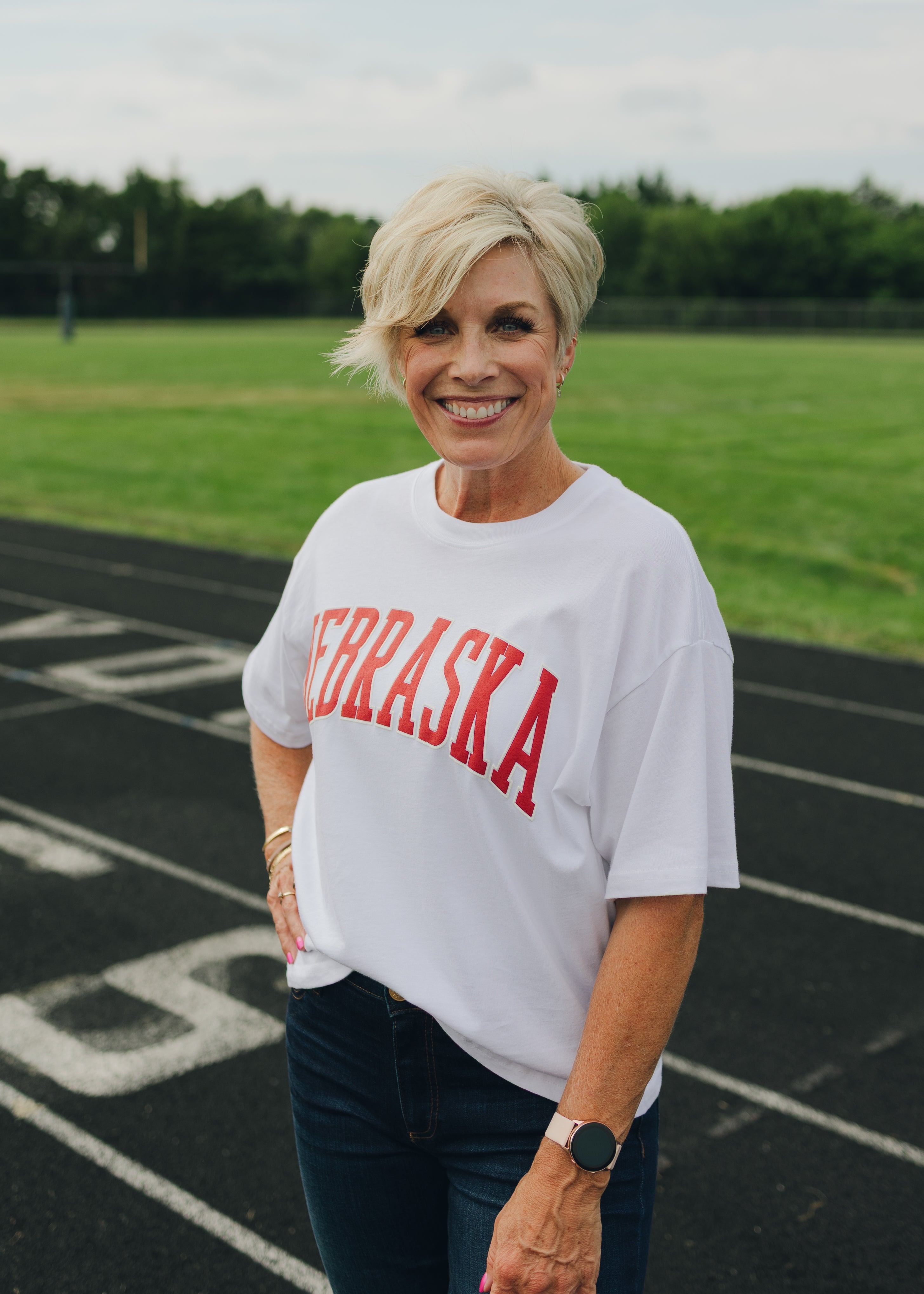 Nebraska Puff Print Long Crop Tee - White