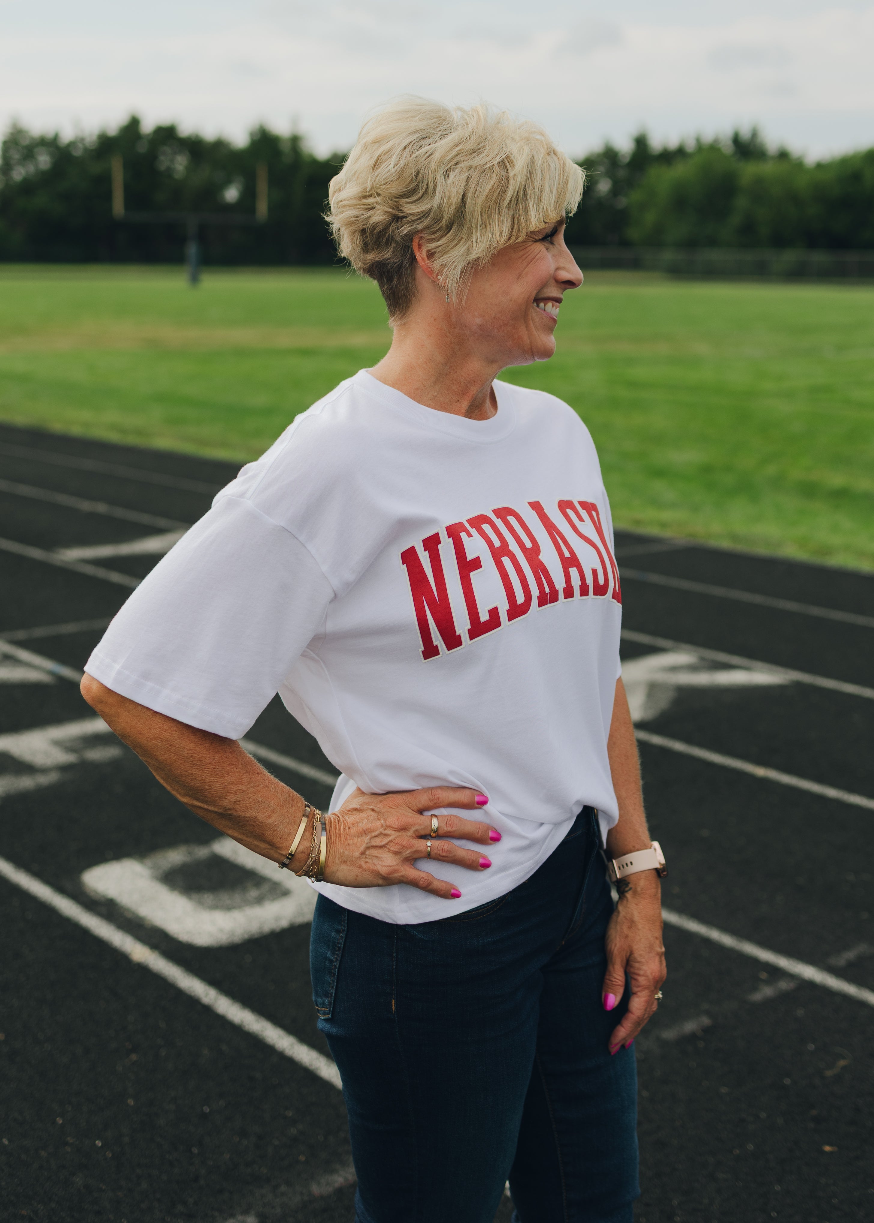 Nebraska Puff Print Long Crop Tee - White