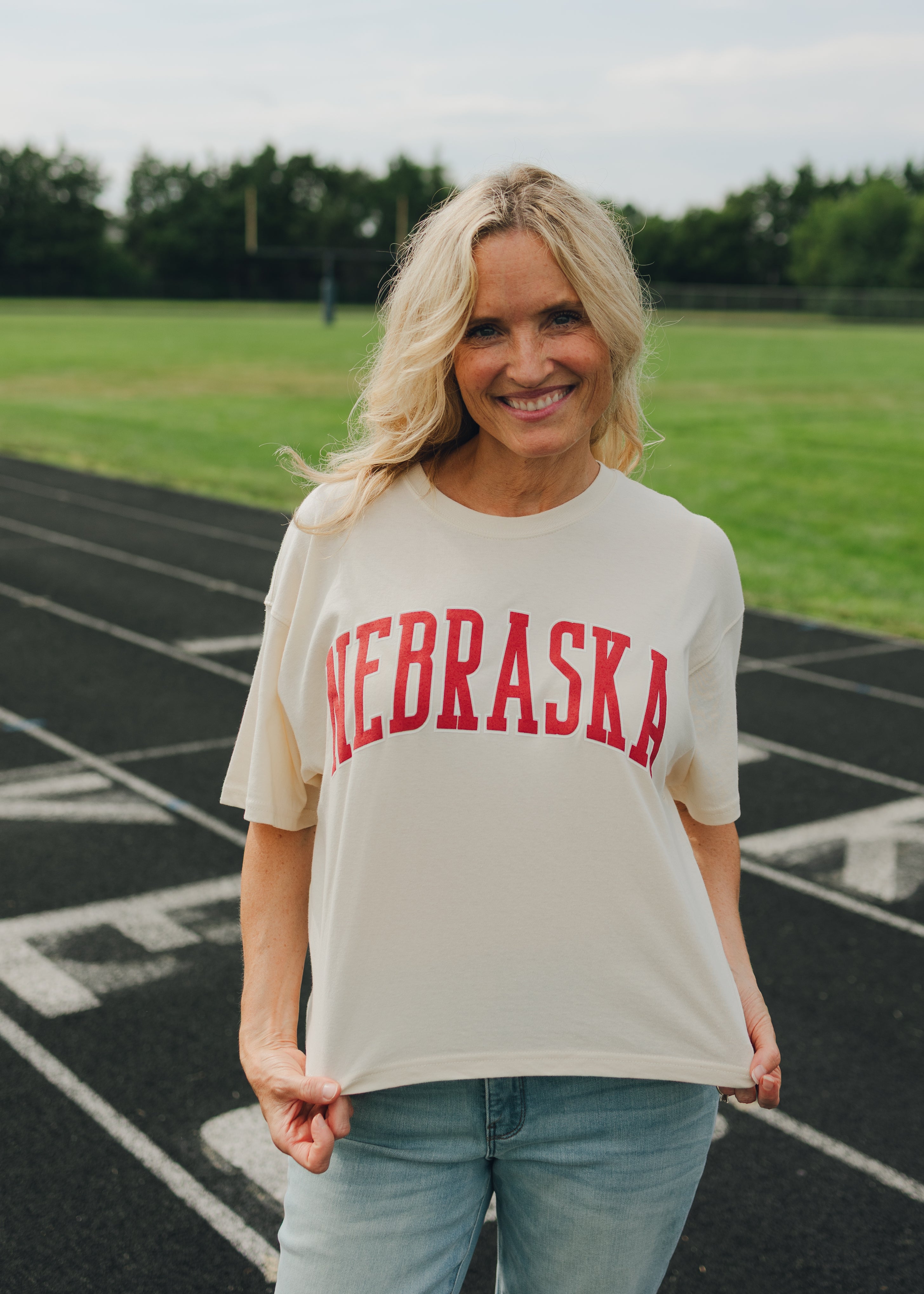 Nebraska Puff Print Long Crop Tee - Natural