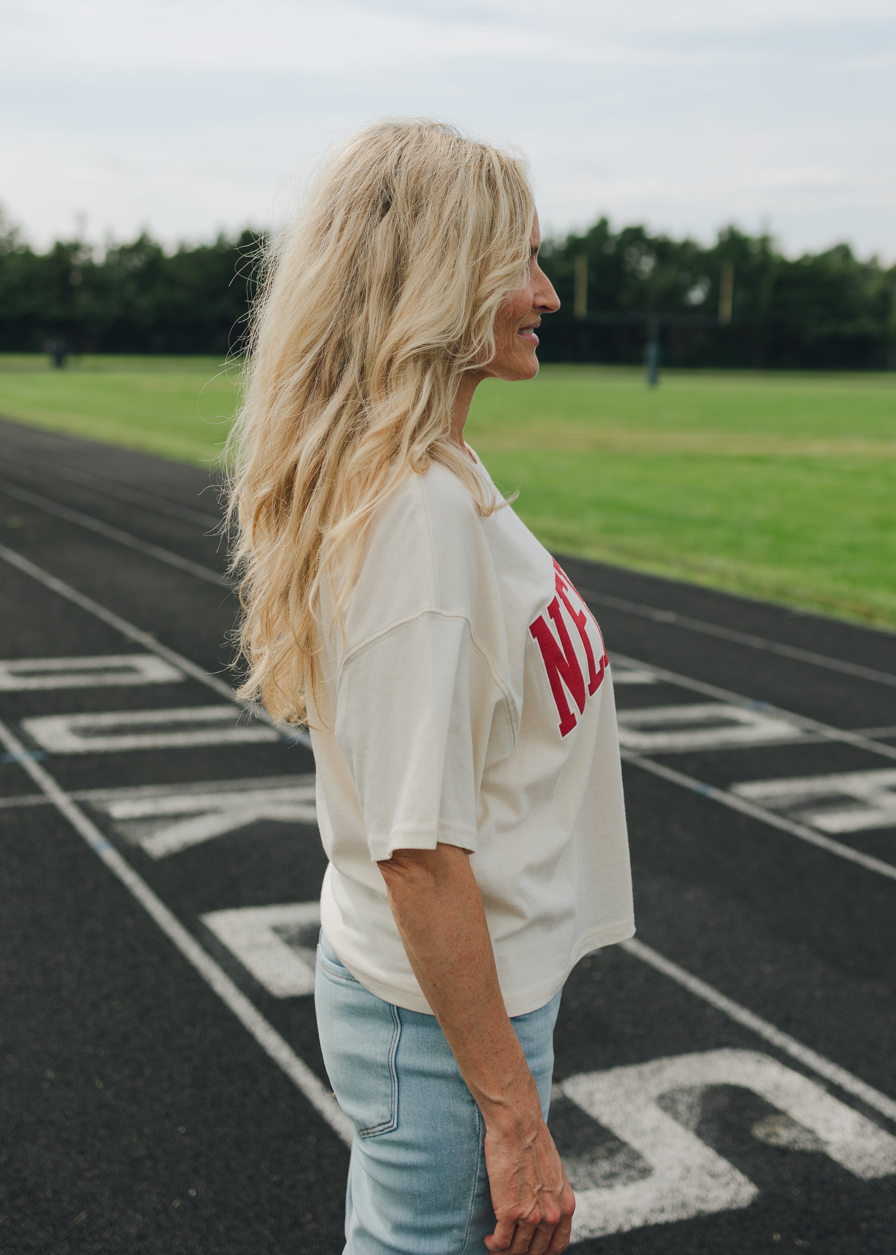 Nebraska Puff Print Long Crop Tee - Natural