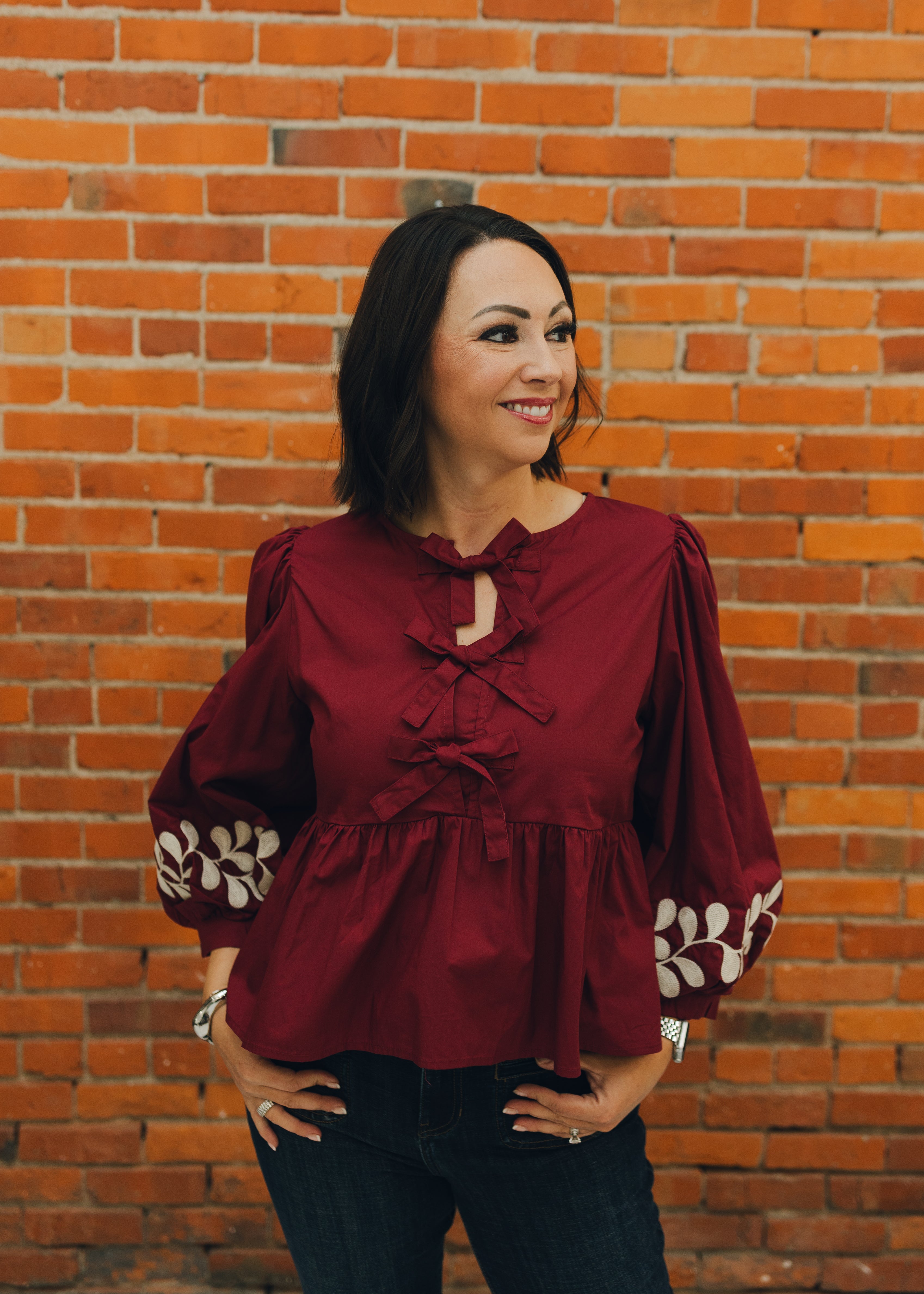 Front Bow Tie Embroidered Peplum Top