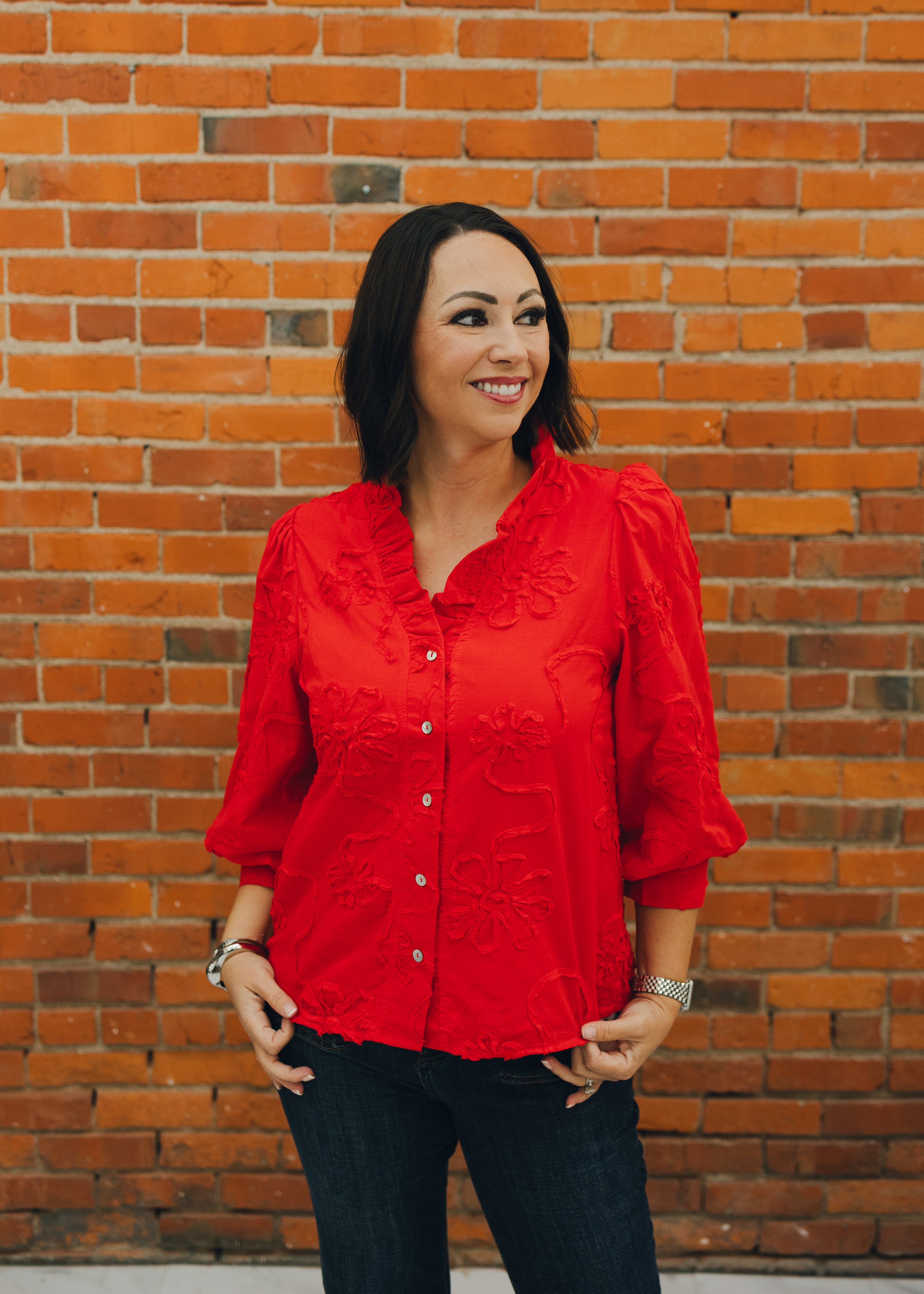 Button Down 3D Floral Top - Red