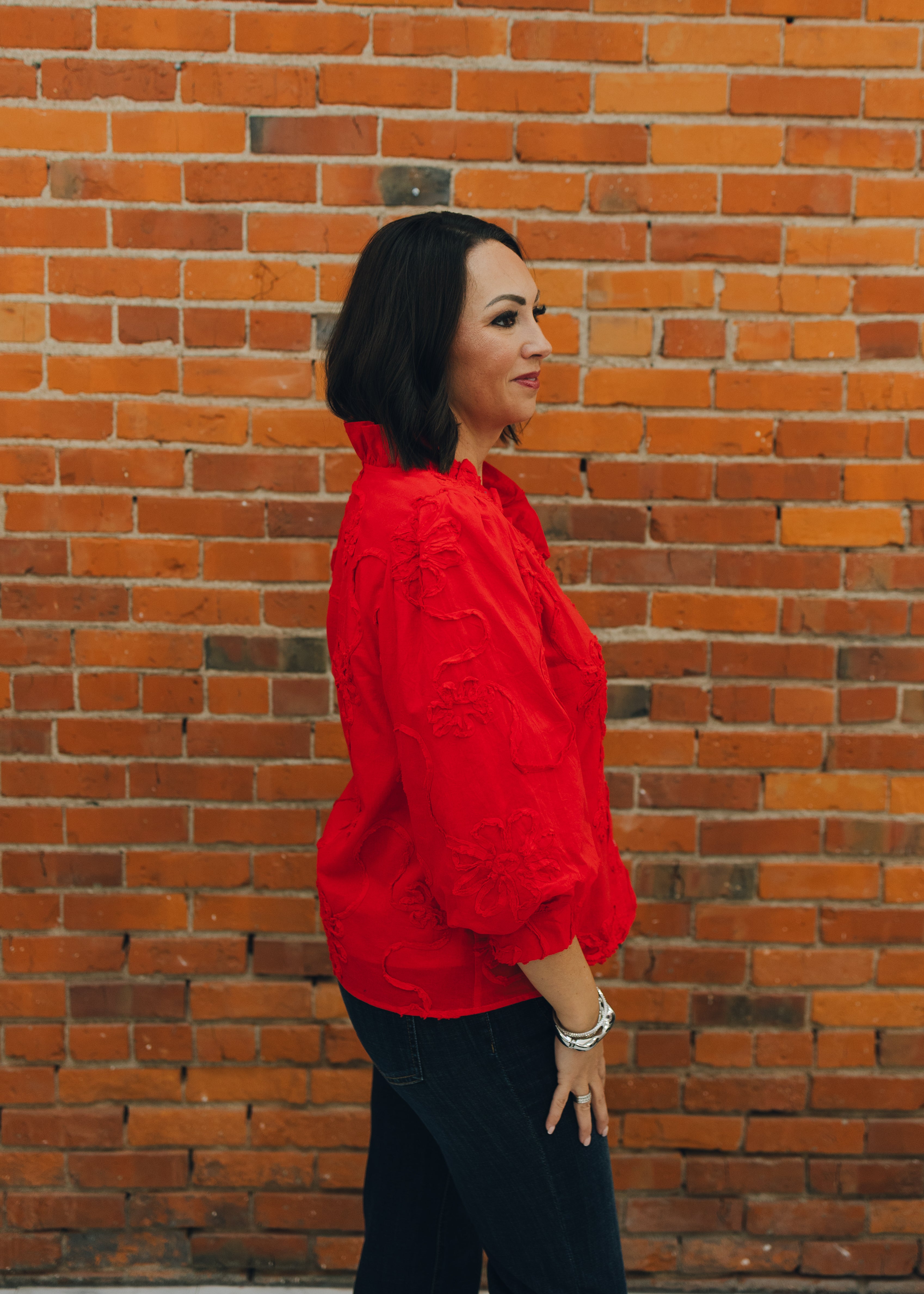 Button Down 3D Floral Top - Red