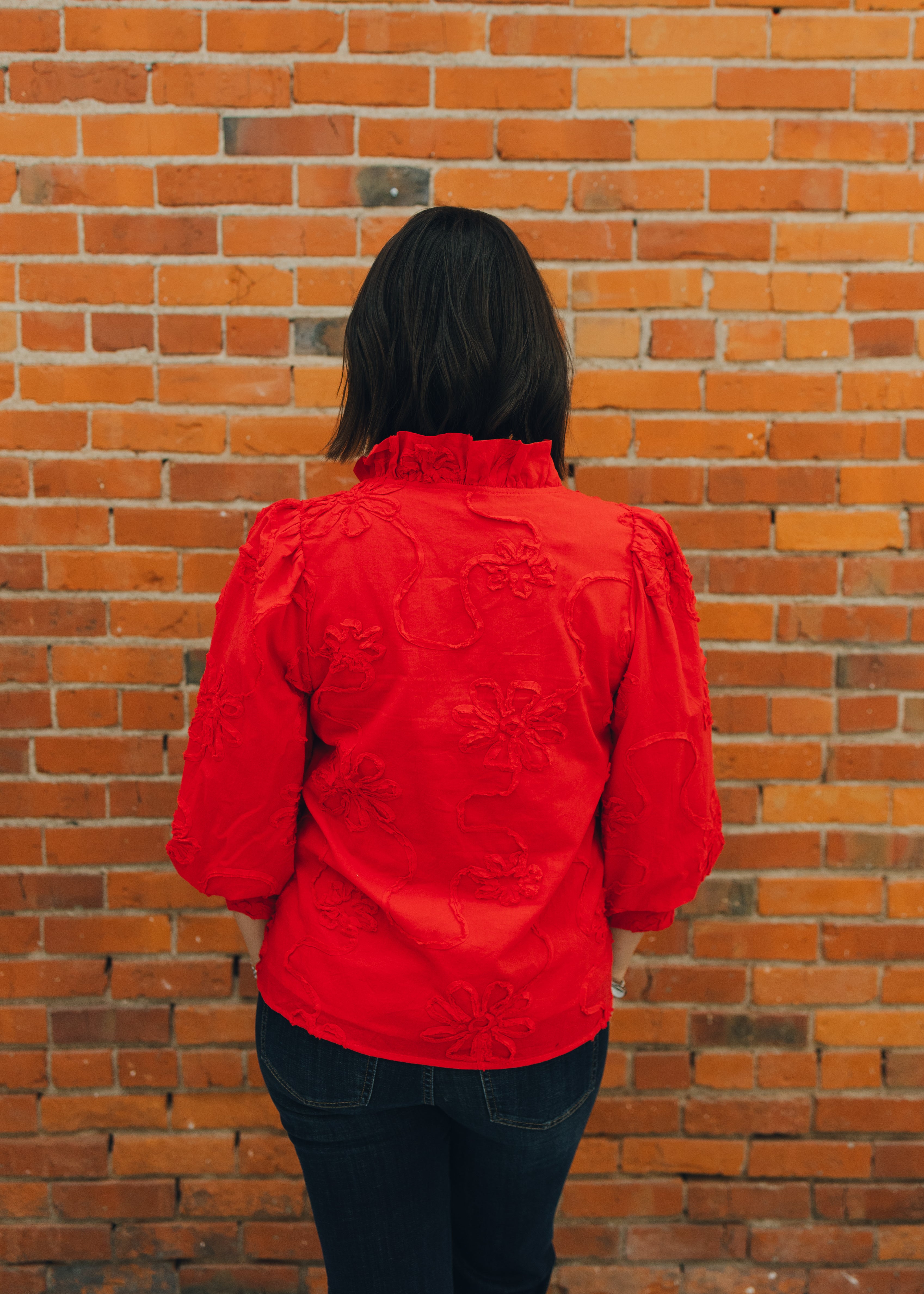 Button Down 3D Floral Top - Red