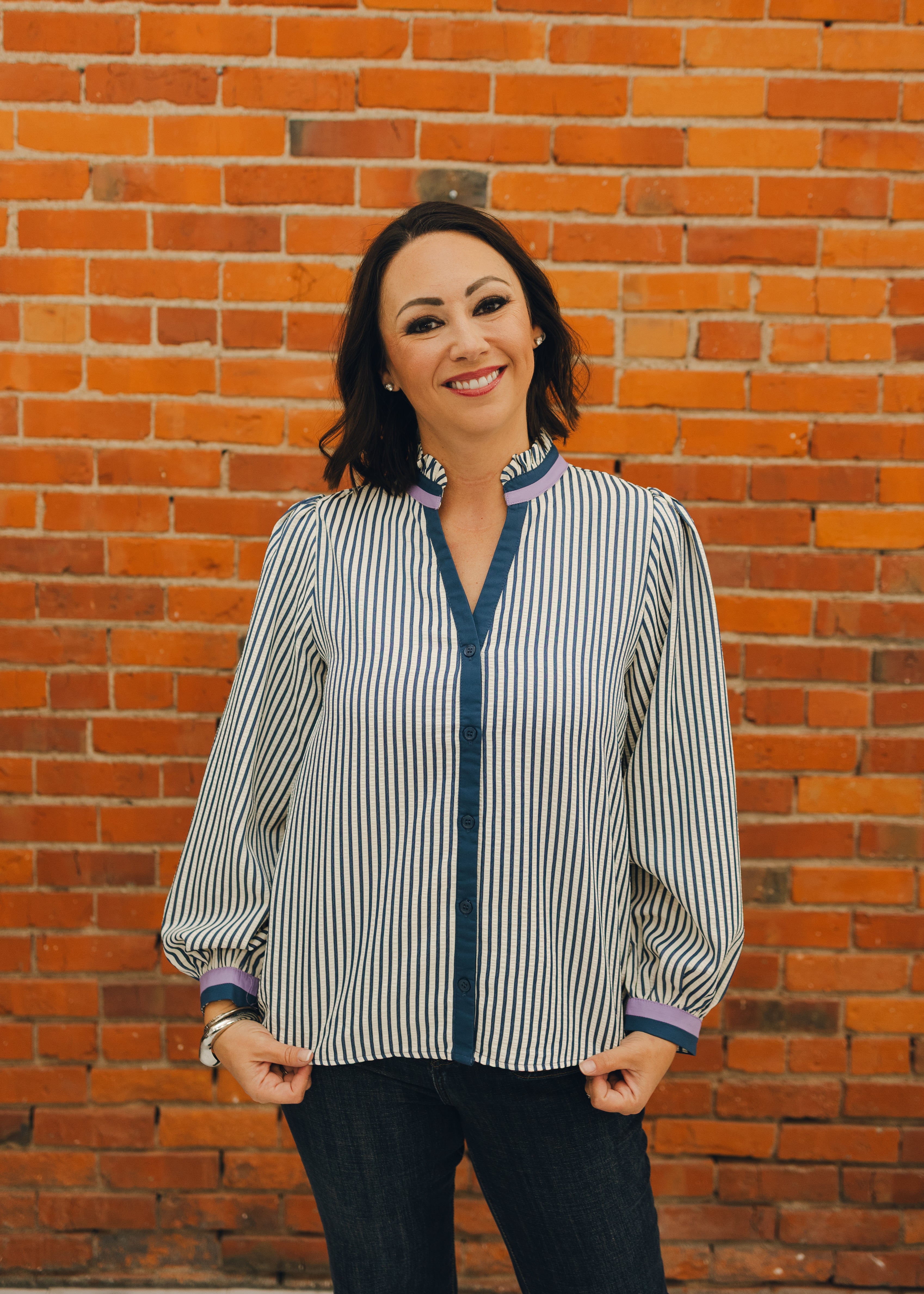 Ruffled Neck Button Down Stripe Top