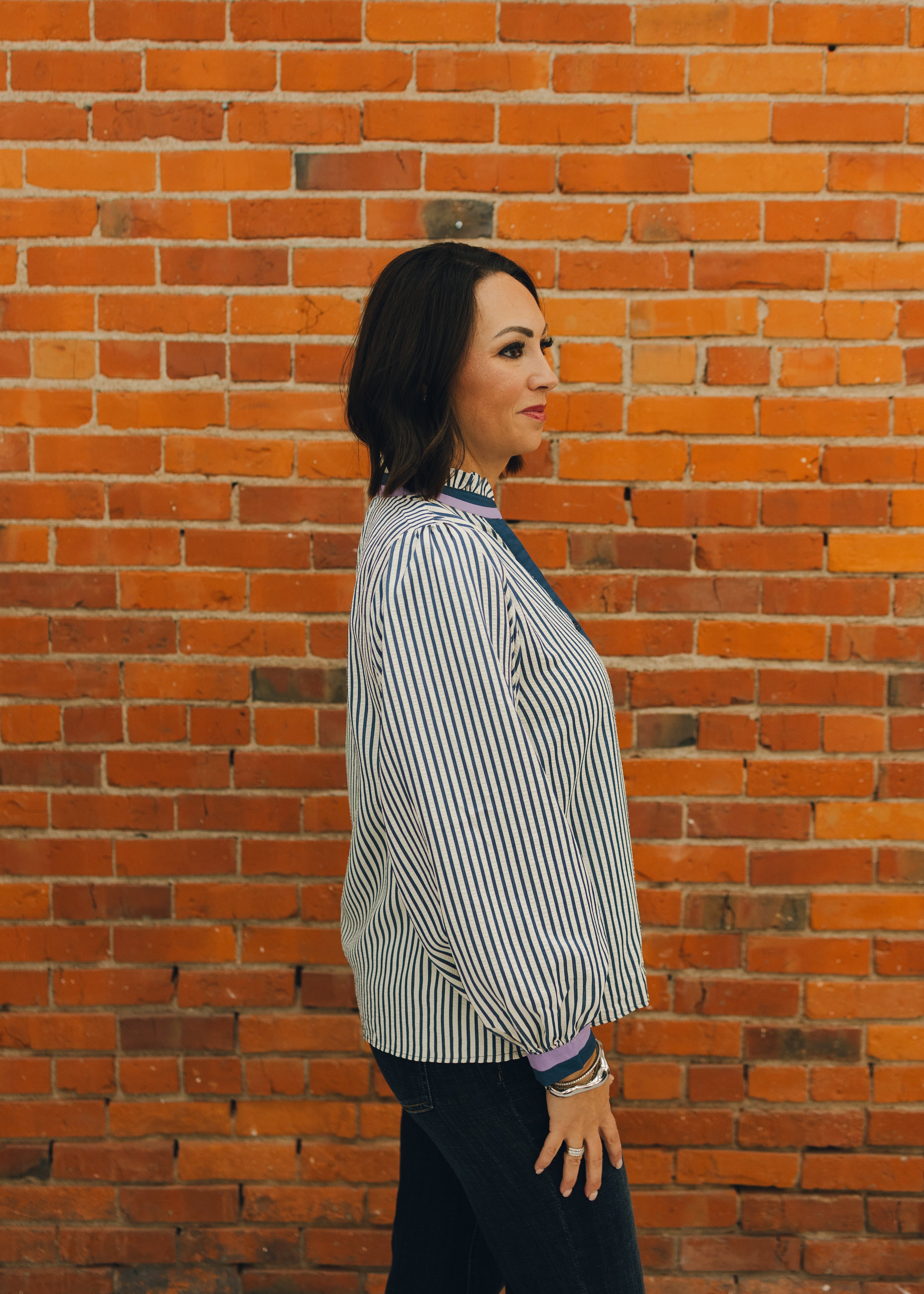 Ruffled Neck Button Down Stripe Top