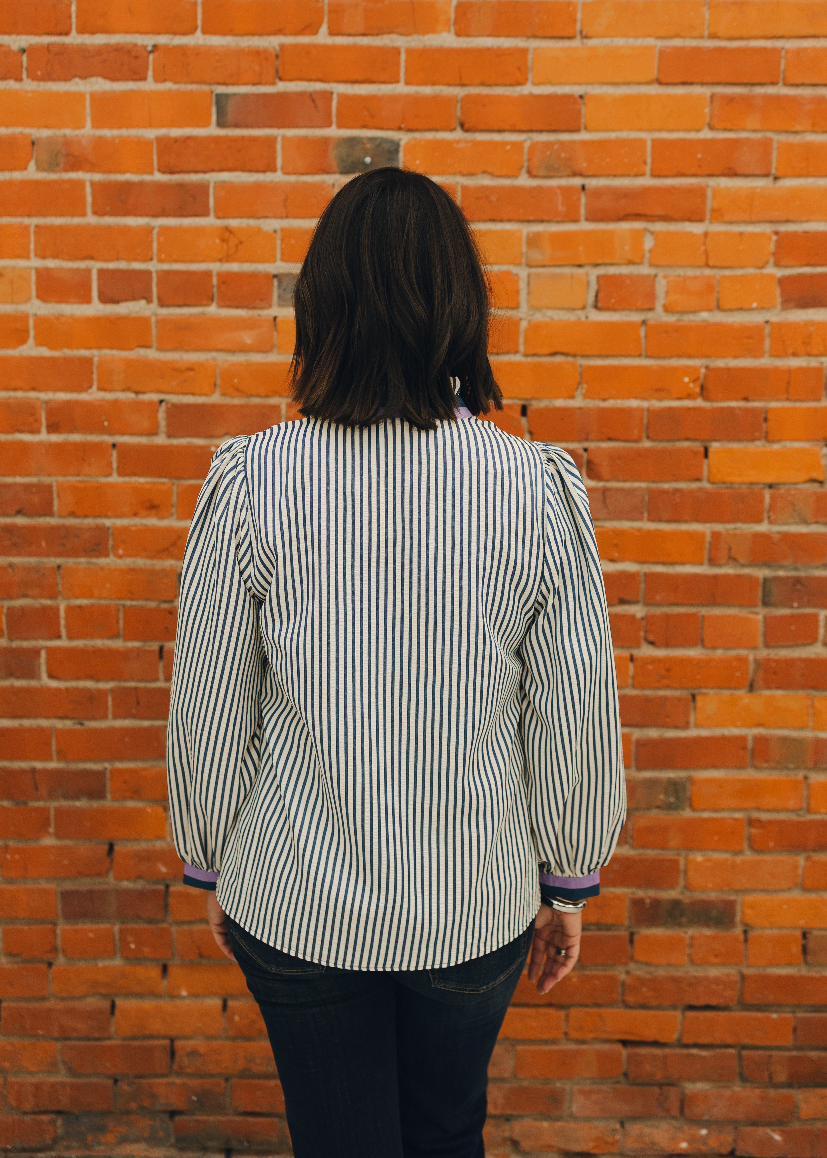 Ruffled Neck Button Down Stripe Top