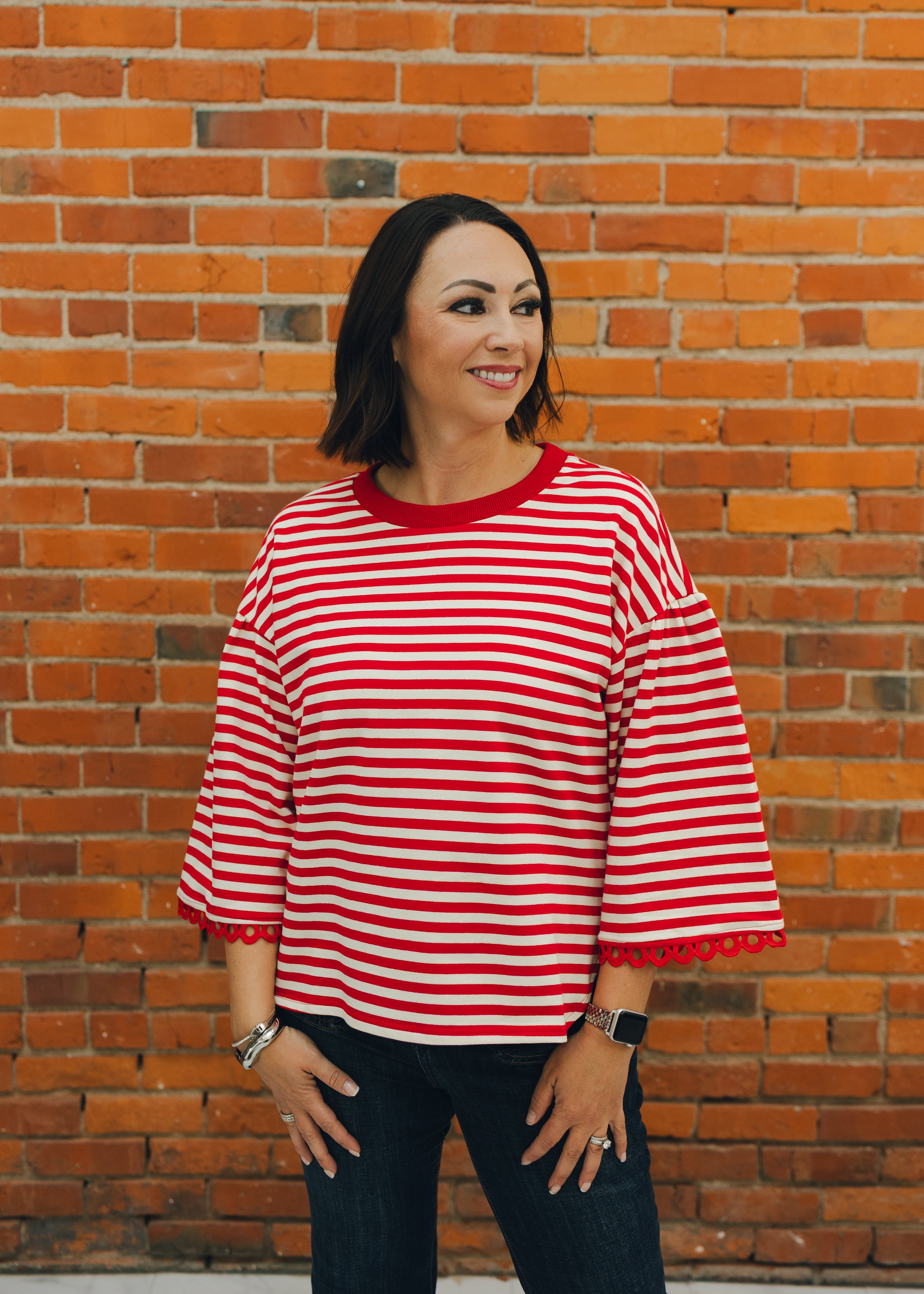 Lace Trim Accent Stripe Top