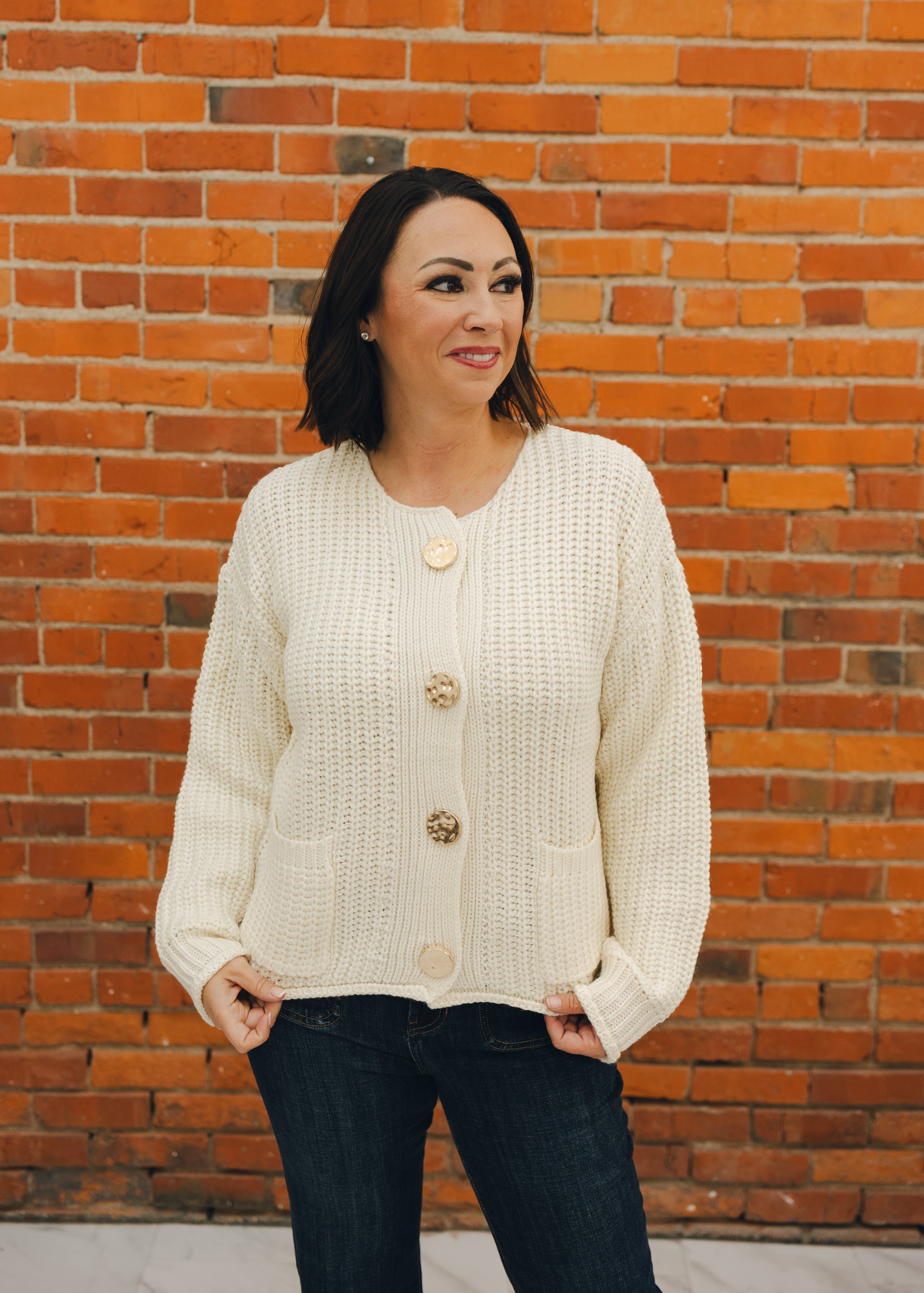 Big Button Accent Sweater Cardigan - Cream