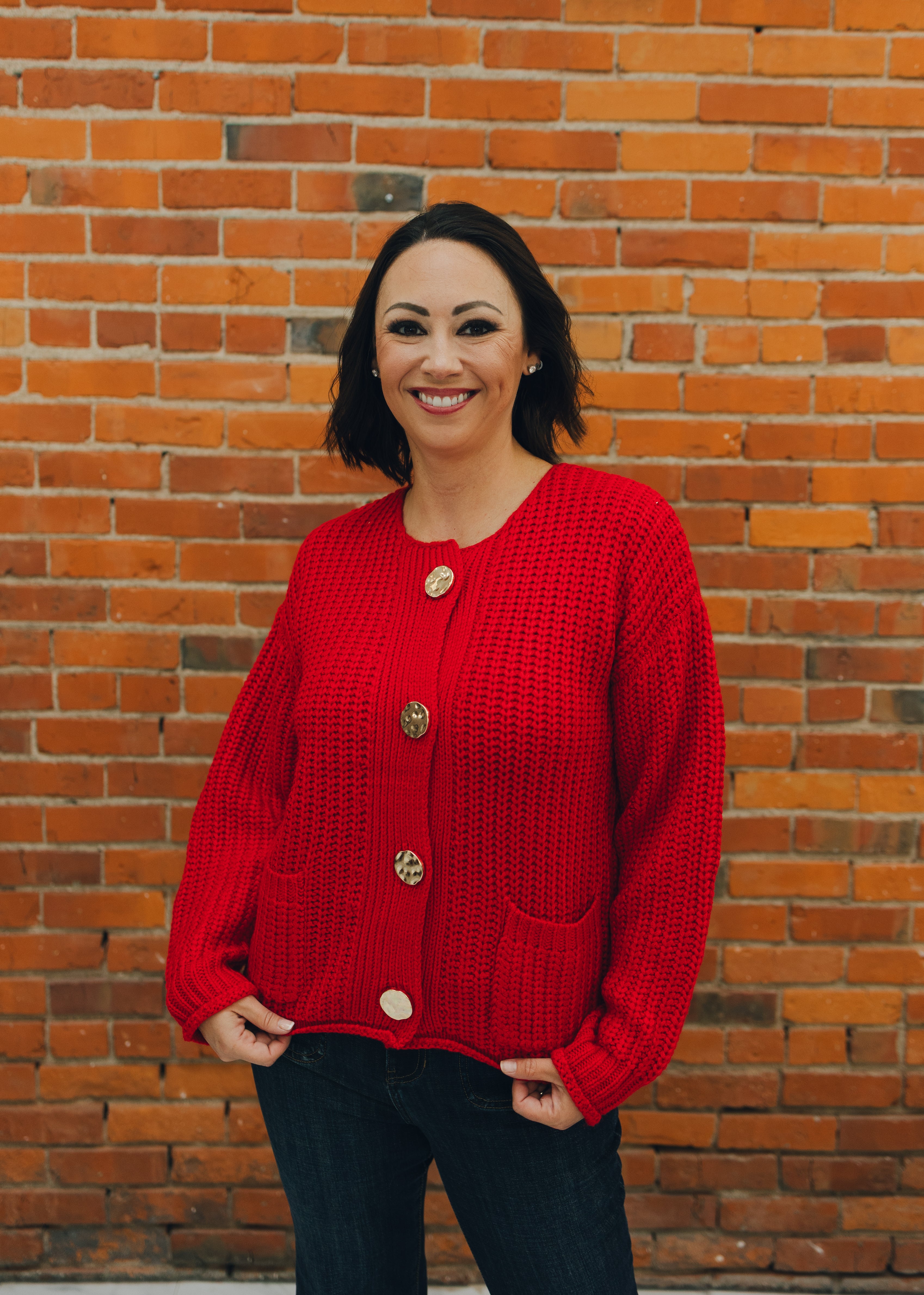 Big Button Accent Sweater Cardigan - Red