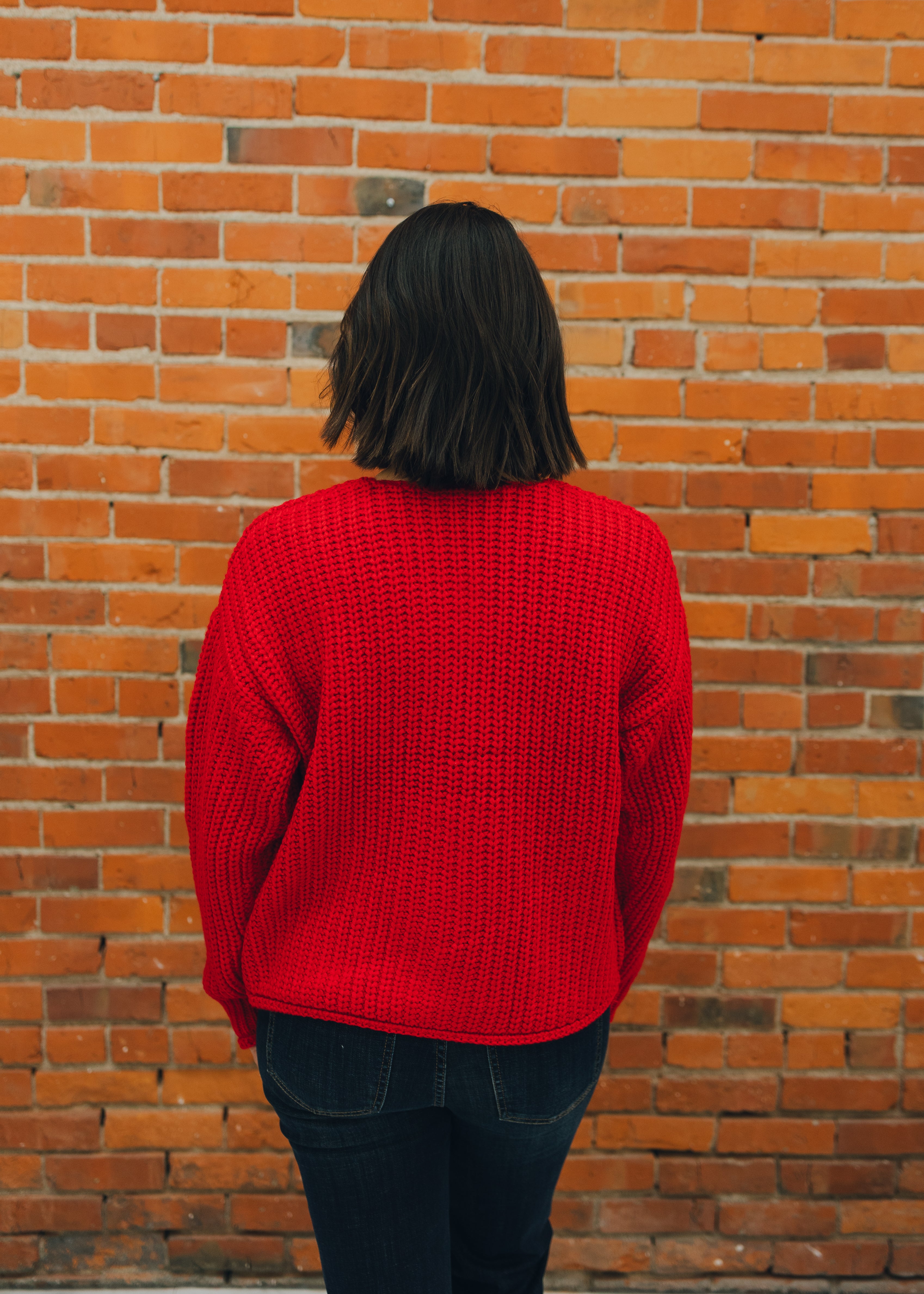 Big Button Accent Sweater Cardigan - Red