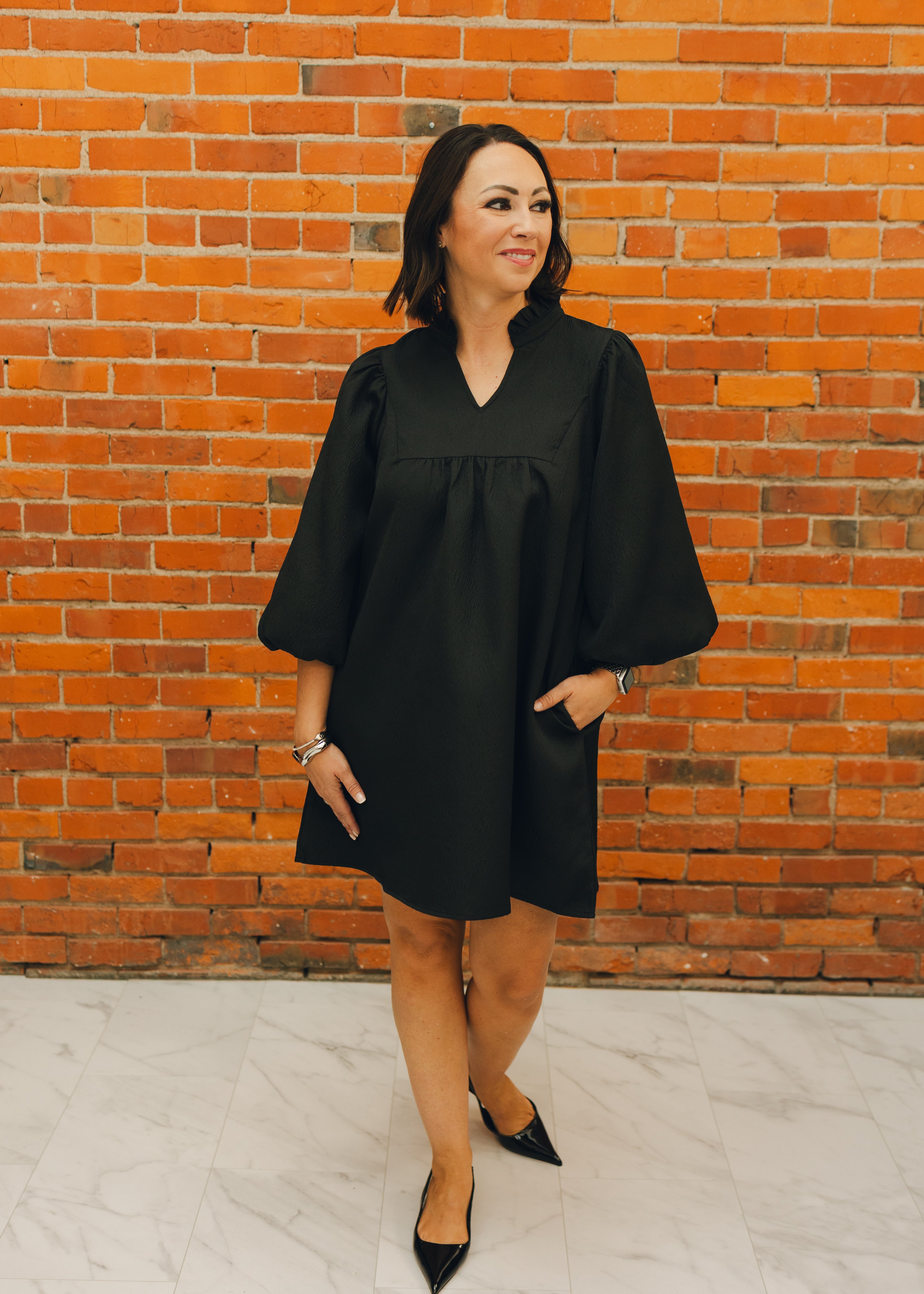 Solid Textured Balloon Sleeve Babydoll Dress