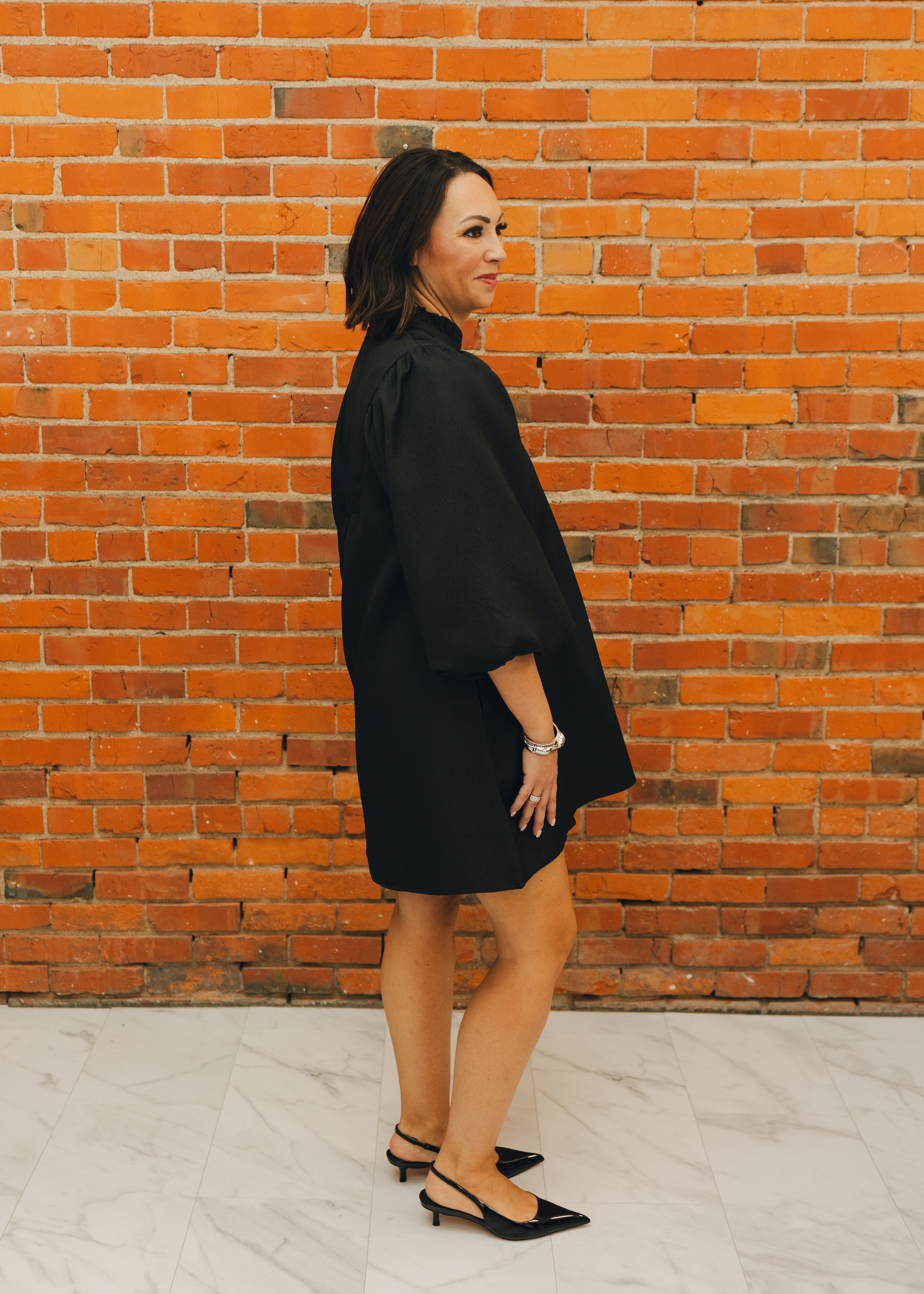 Solid Textured Balloon Sleeve Babydoll Dress