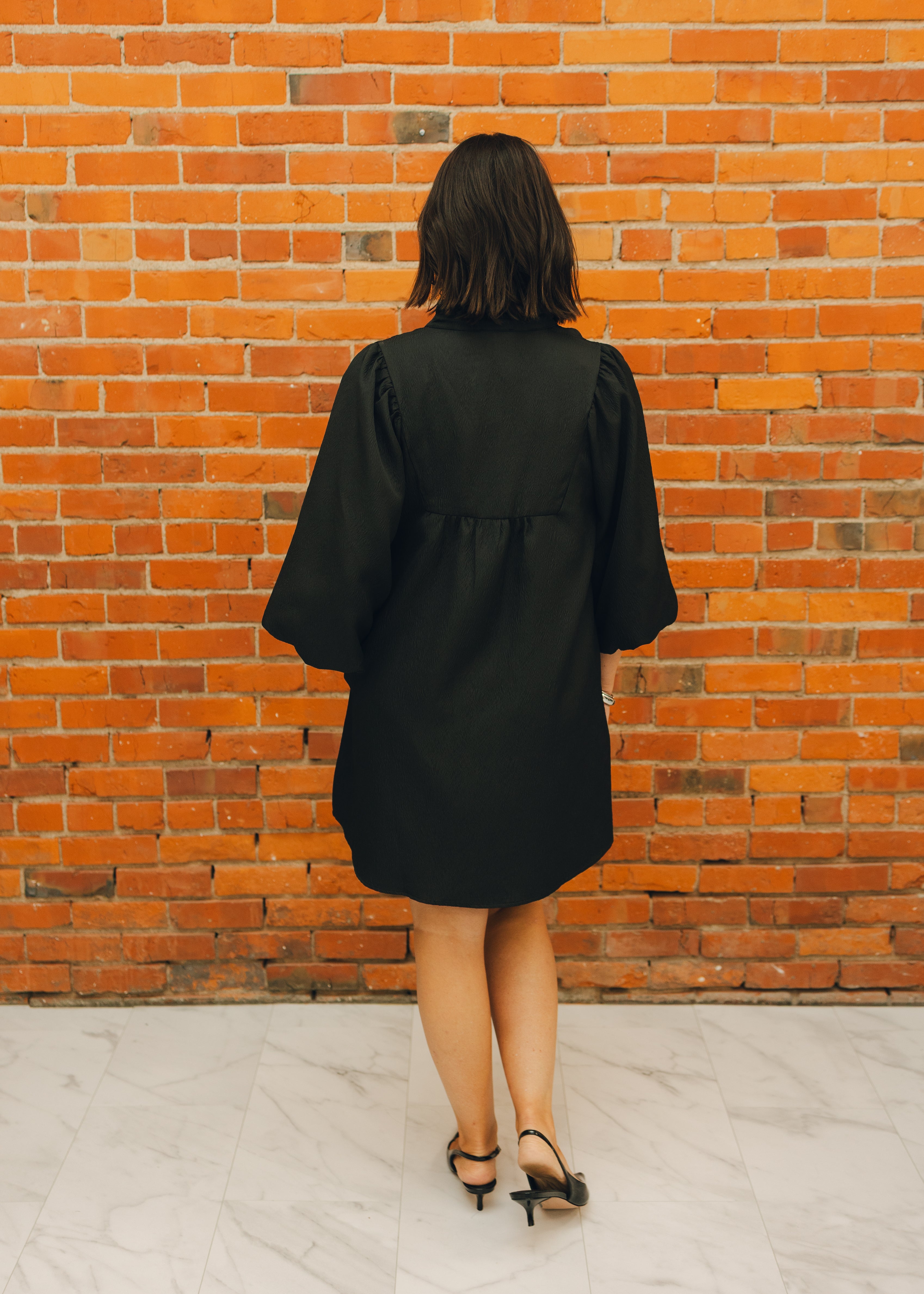 Solid Textured Balloon Sleeve Babydoll Dress