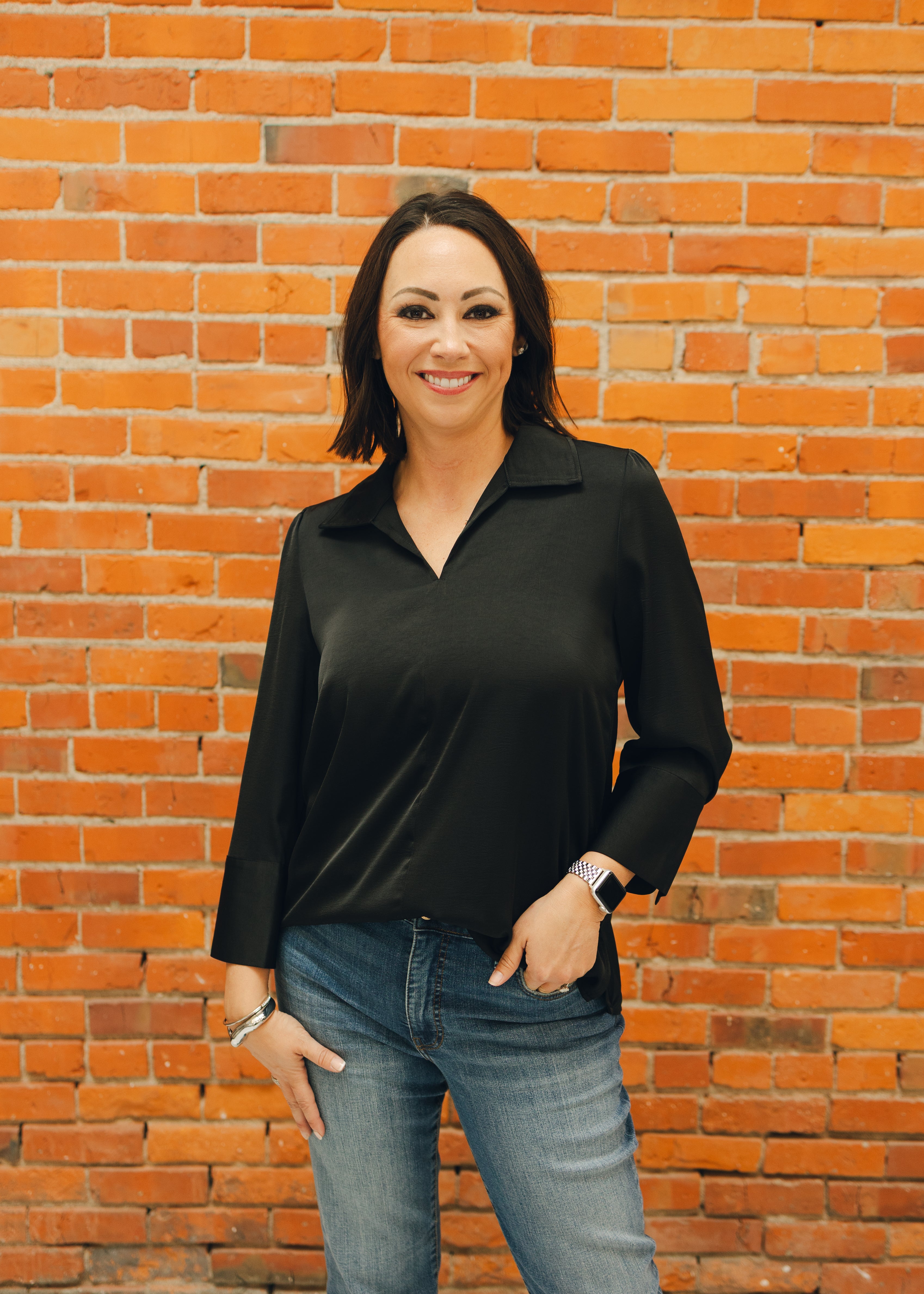 Pearl Cuff Button Satin Top - Black