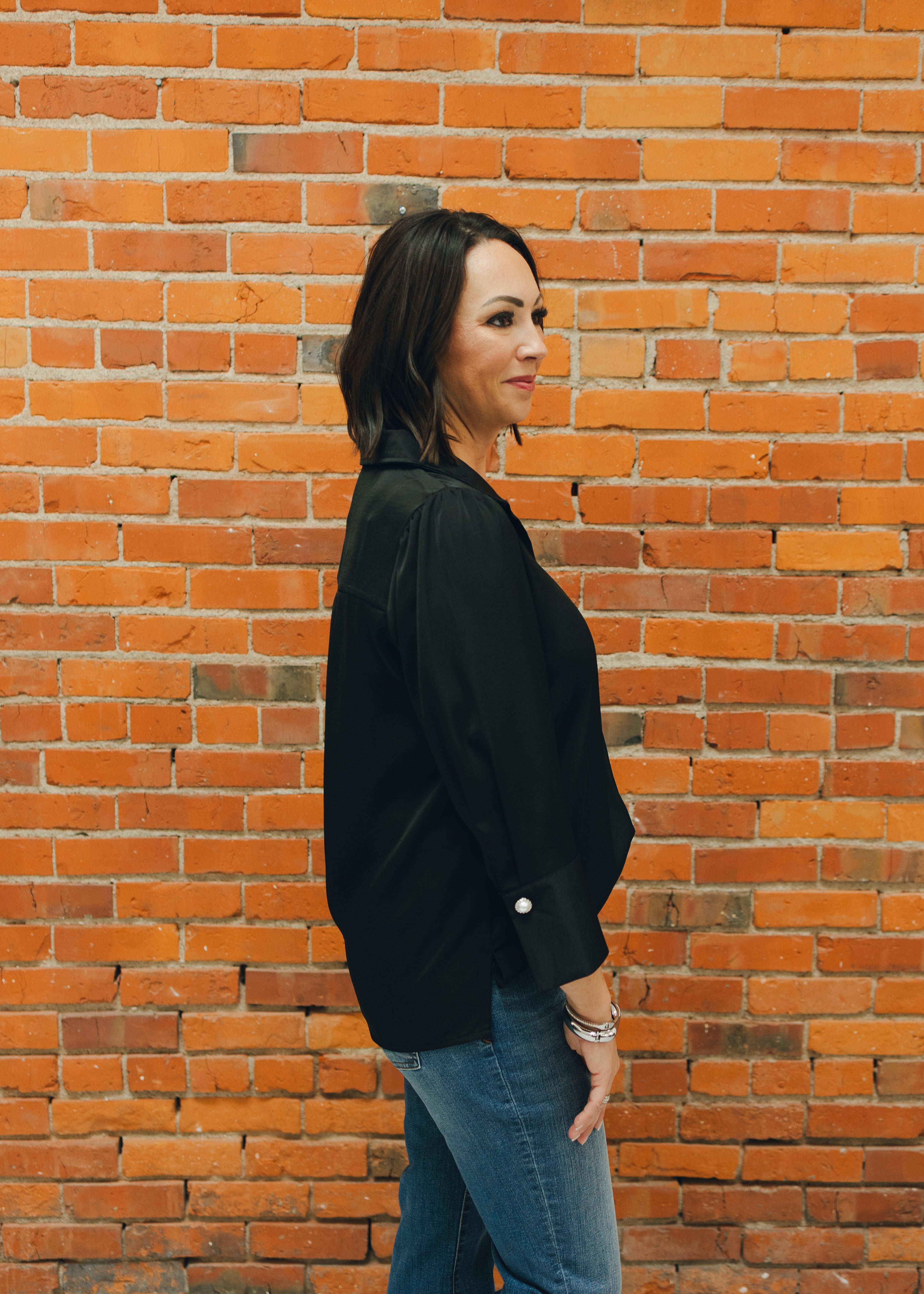 Pearl Cuff Button Satin Top - Black