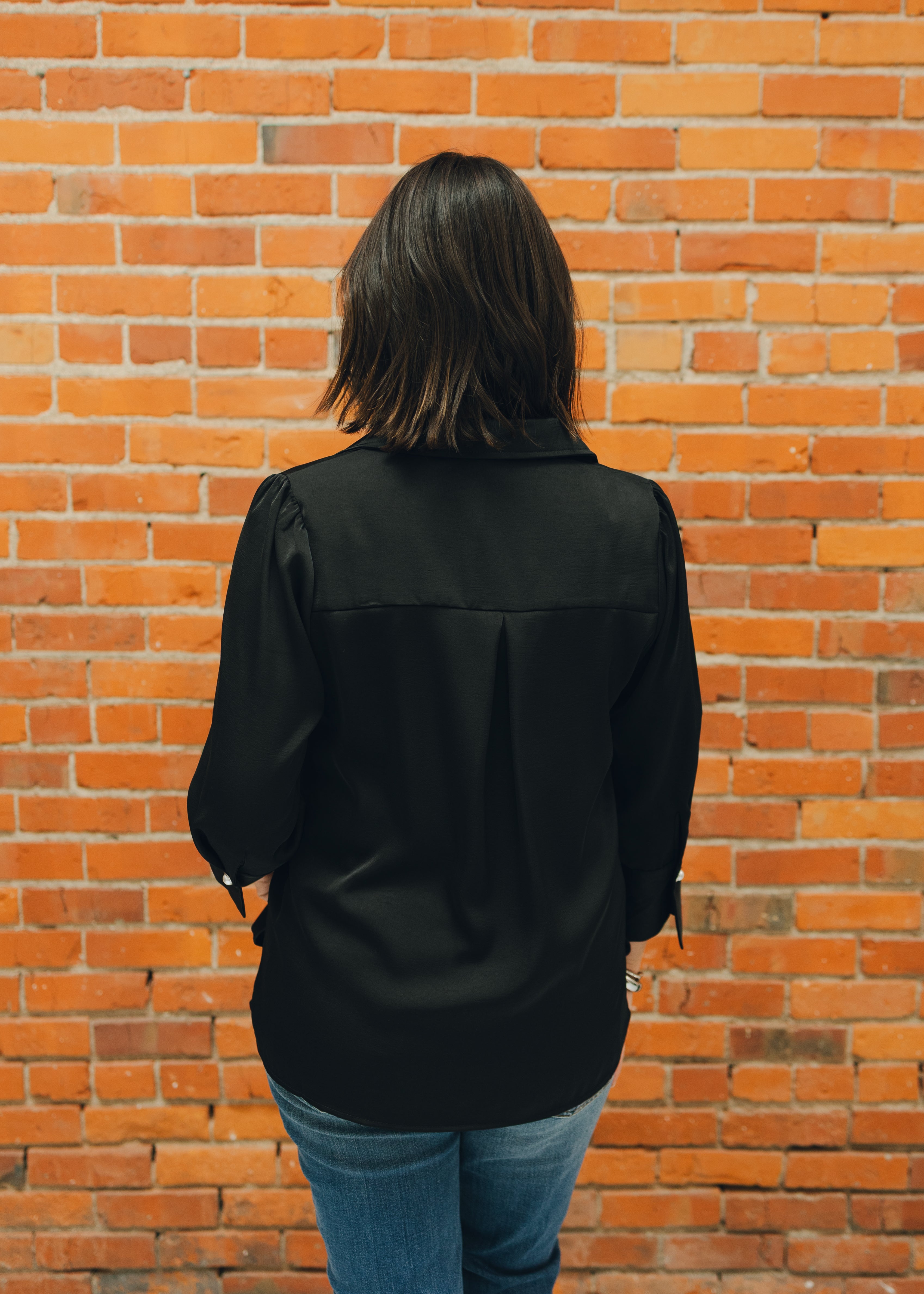 Pearl Cuff Button Satin Top - Black