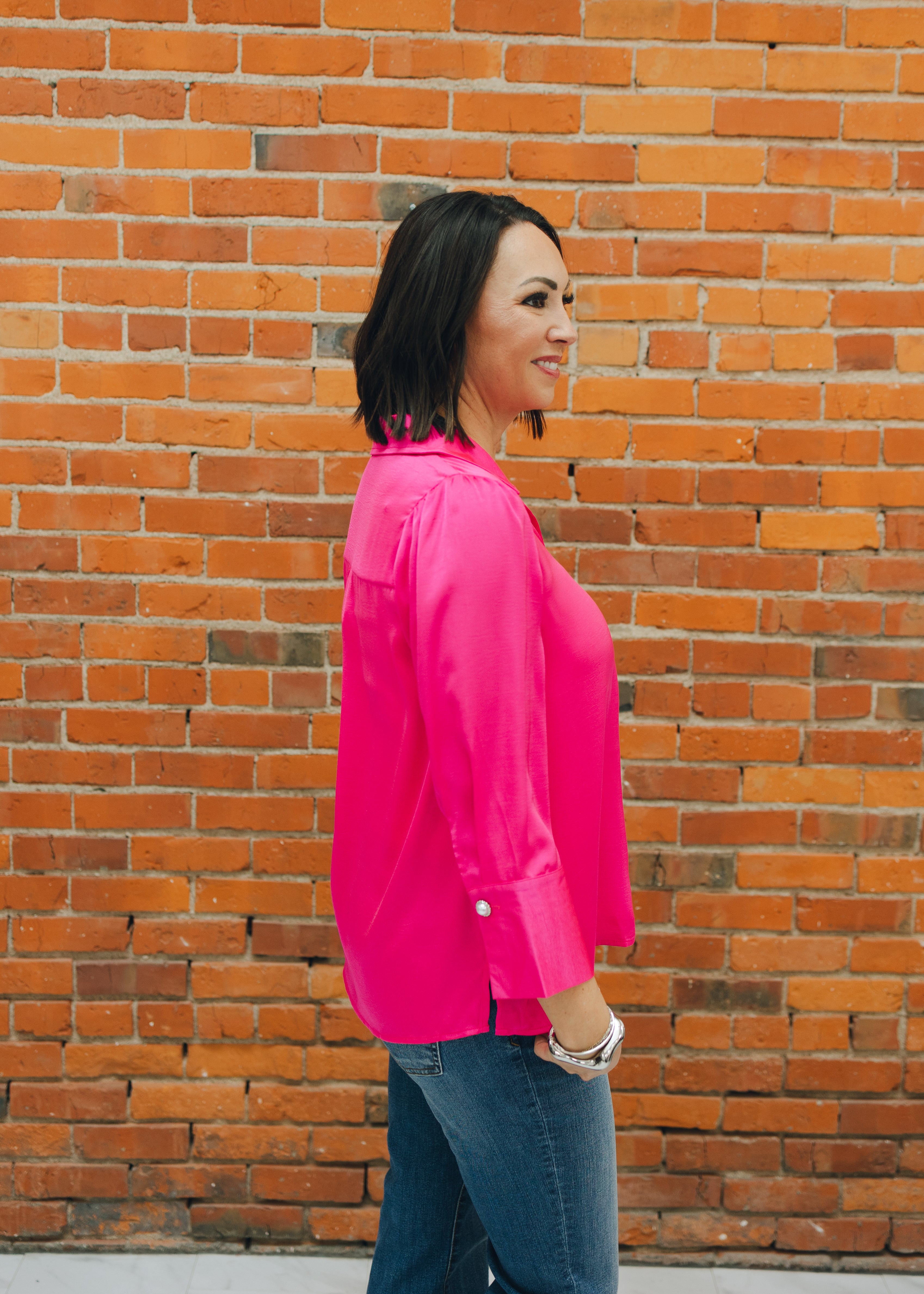 Pearl Cuff Button Accent Satin Top - Hot Pink