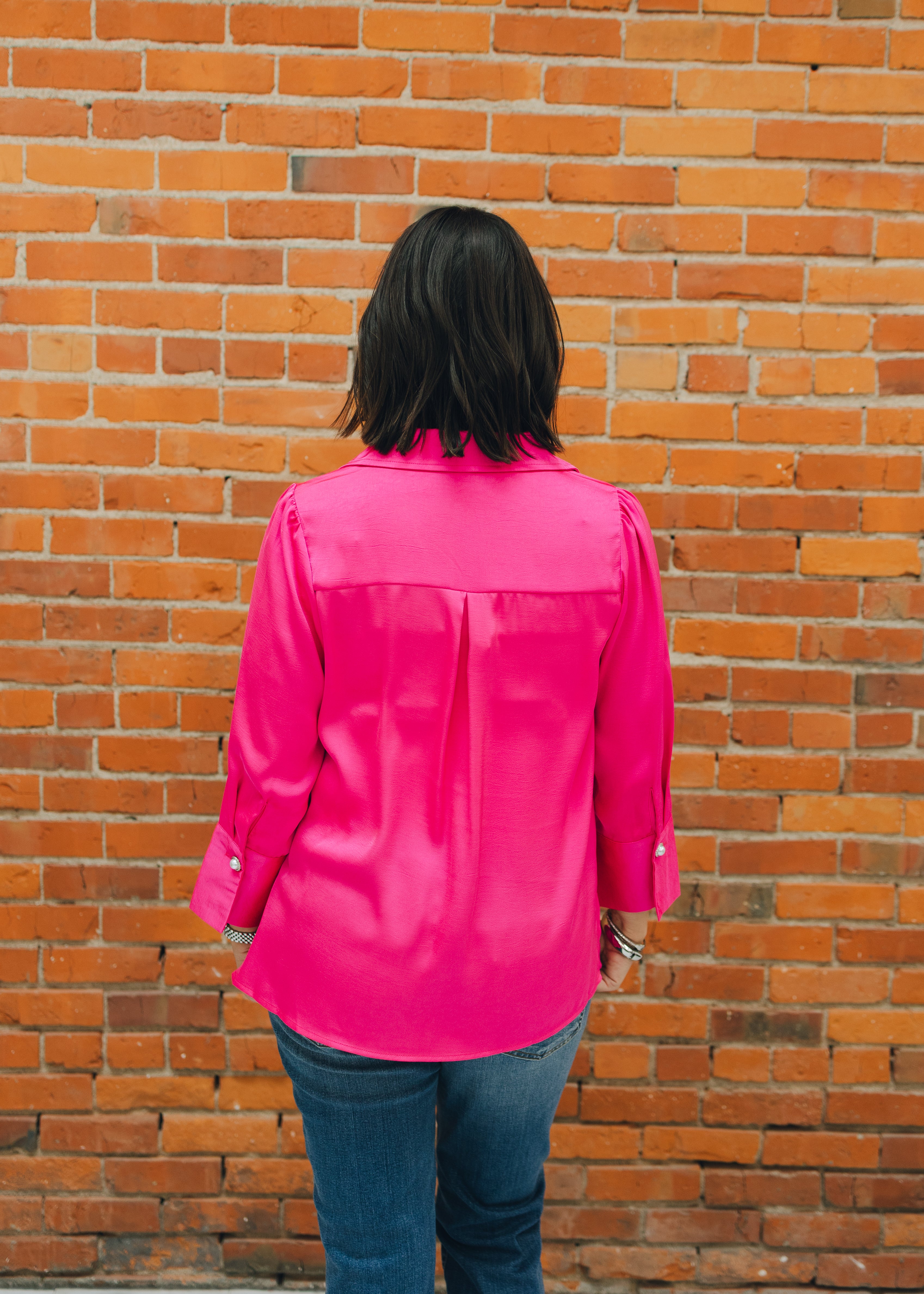 Pearl Cuff Button Accent Satin Top - Hot Pink