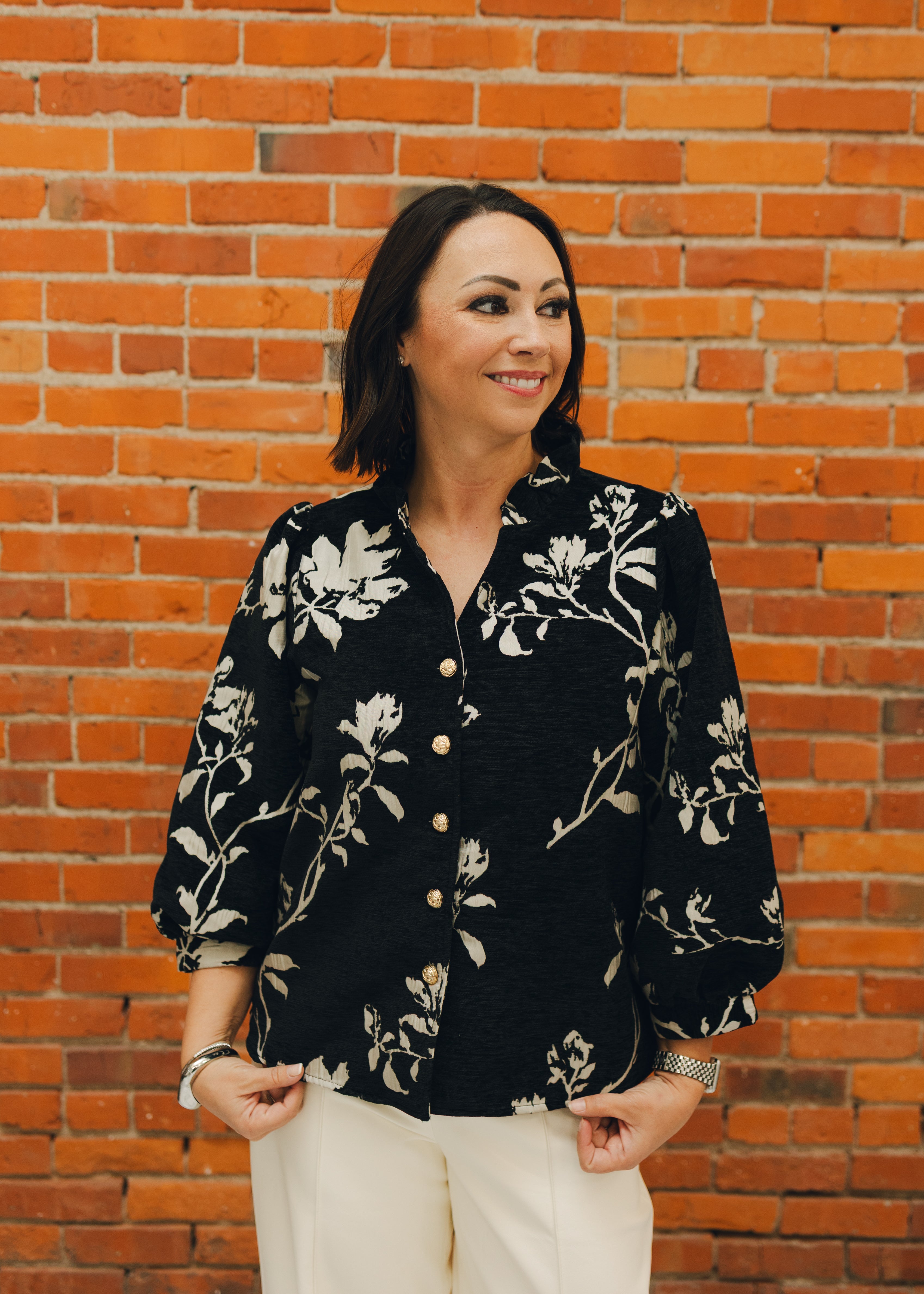 Button Down Floral Jacquard Top - Black