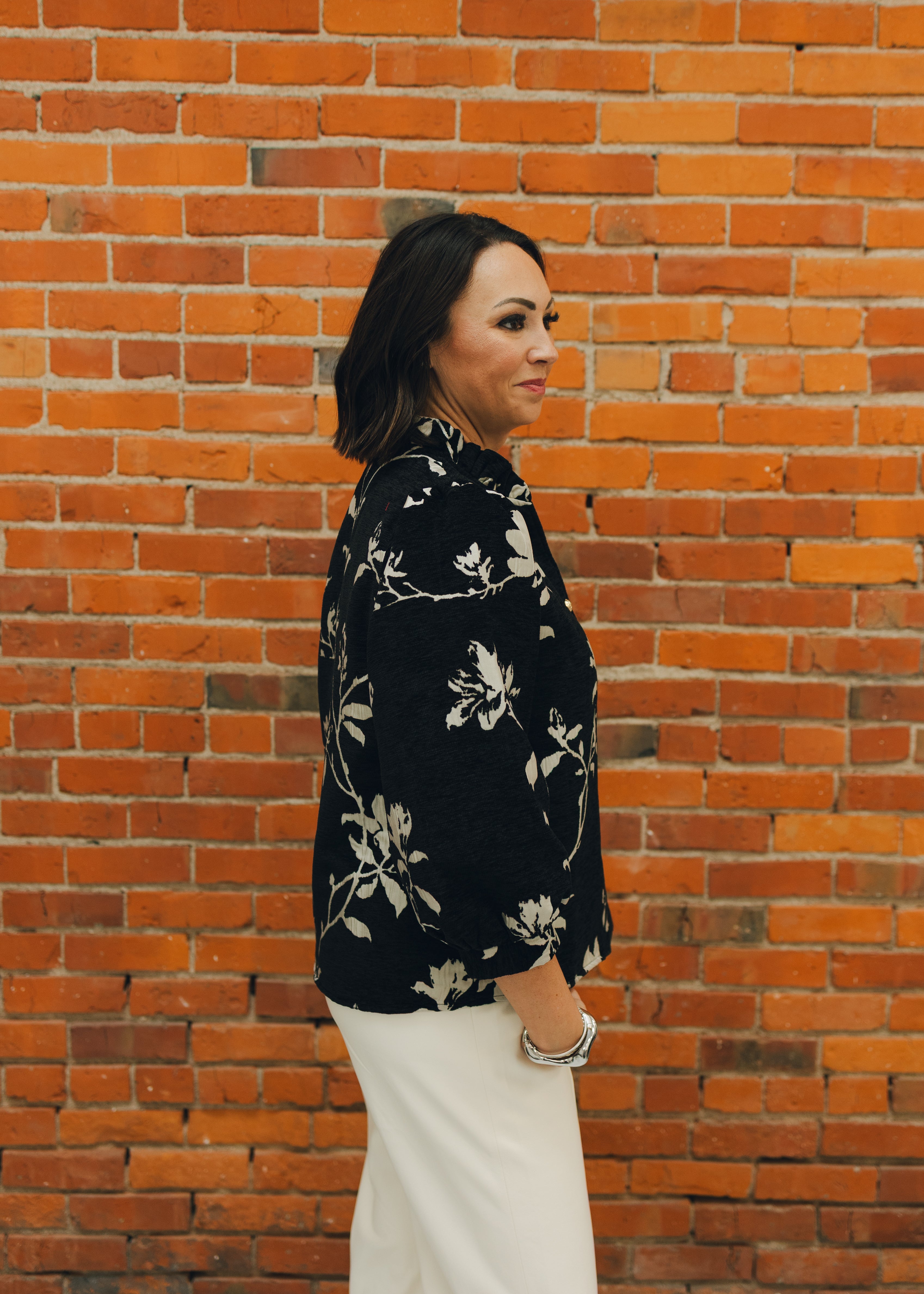 Button Down Floral Jacquard Top - Black