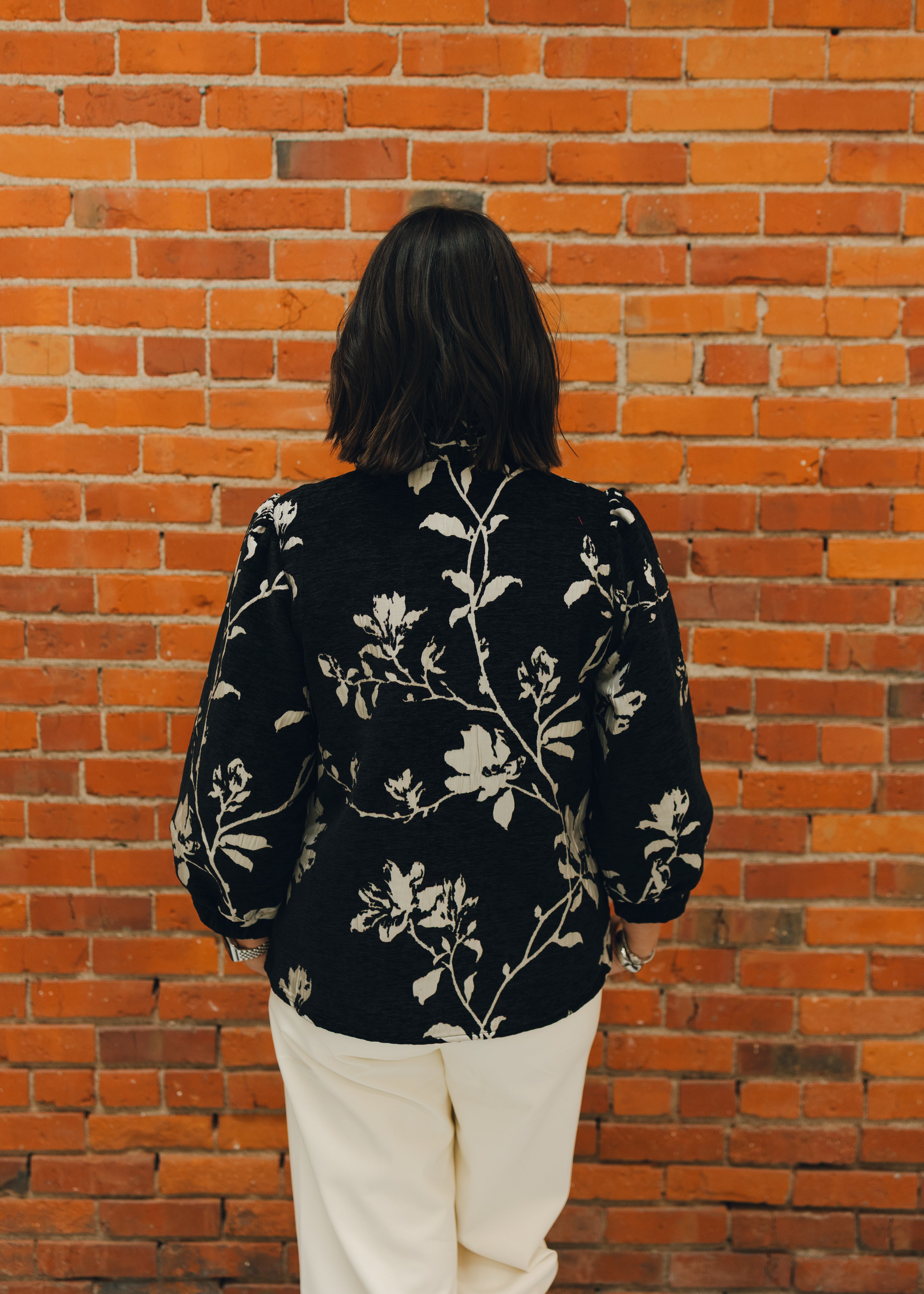 Button Down Floral Jacquard Top - Black