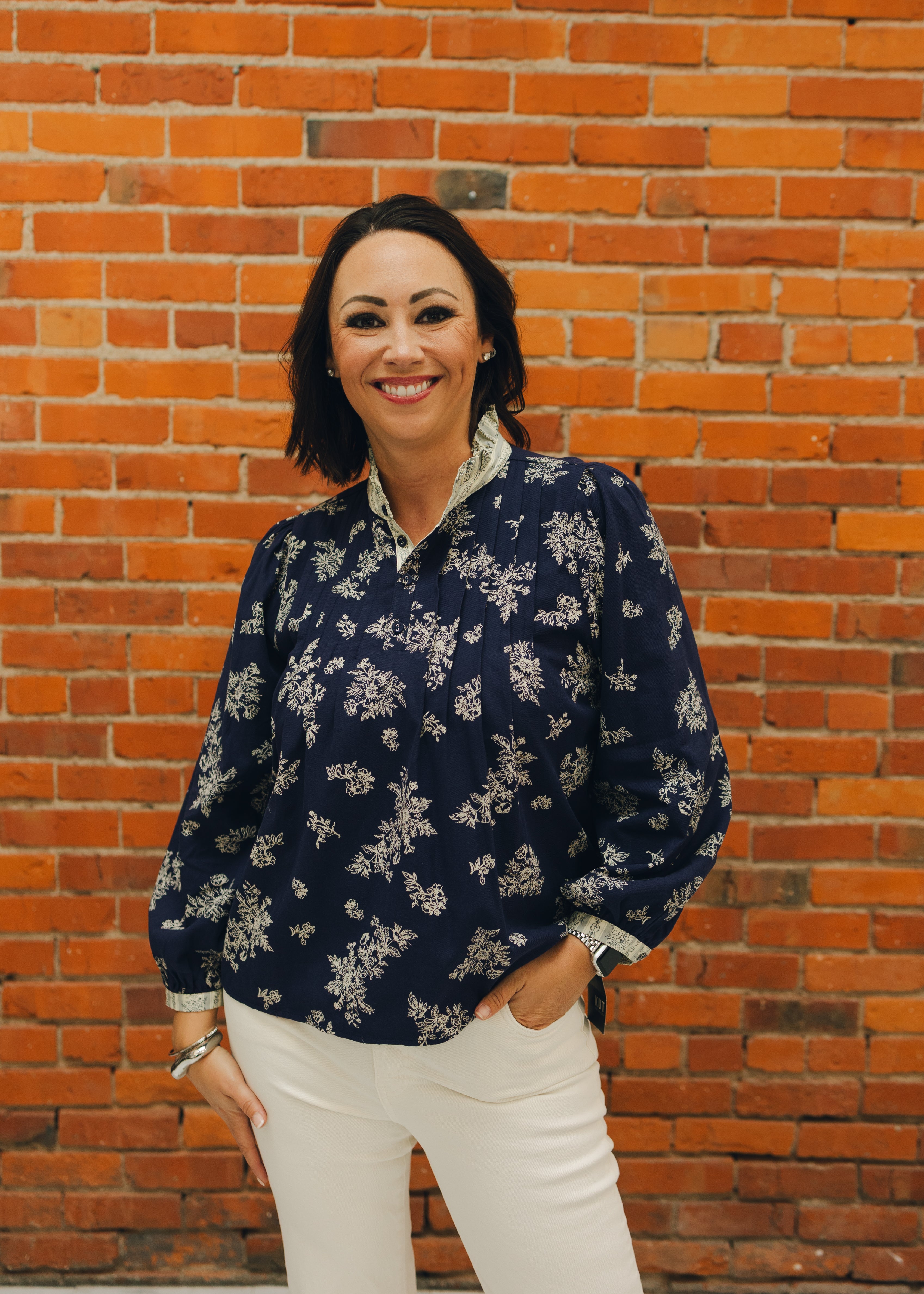 Pintuck Detail Ruffled Neck Floral Top