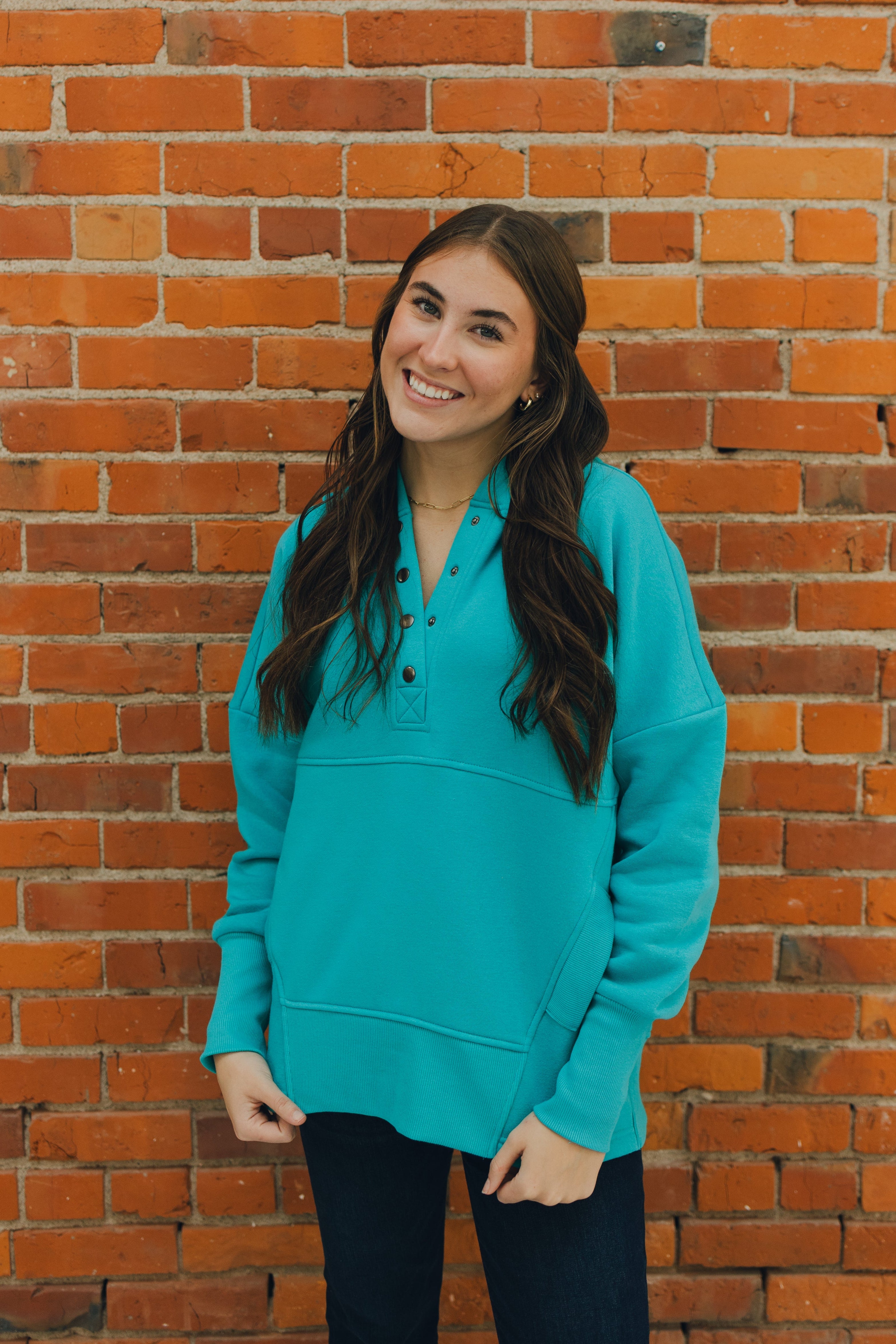 Half Button Fleece Hooded Pullover - Turquoise