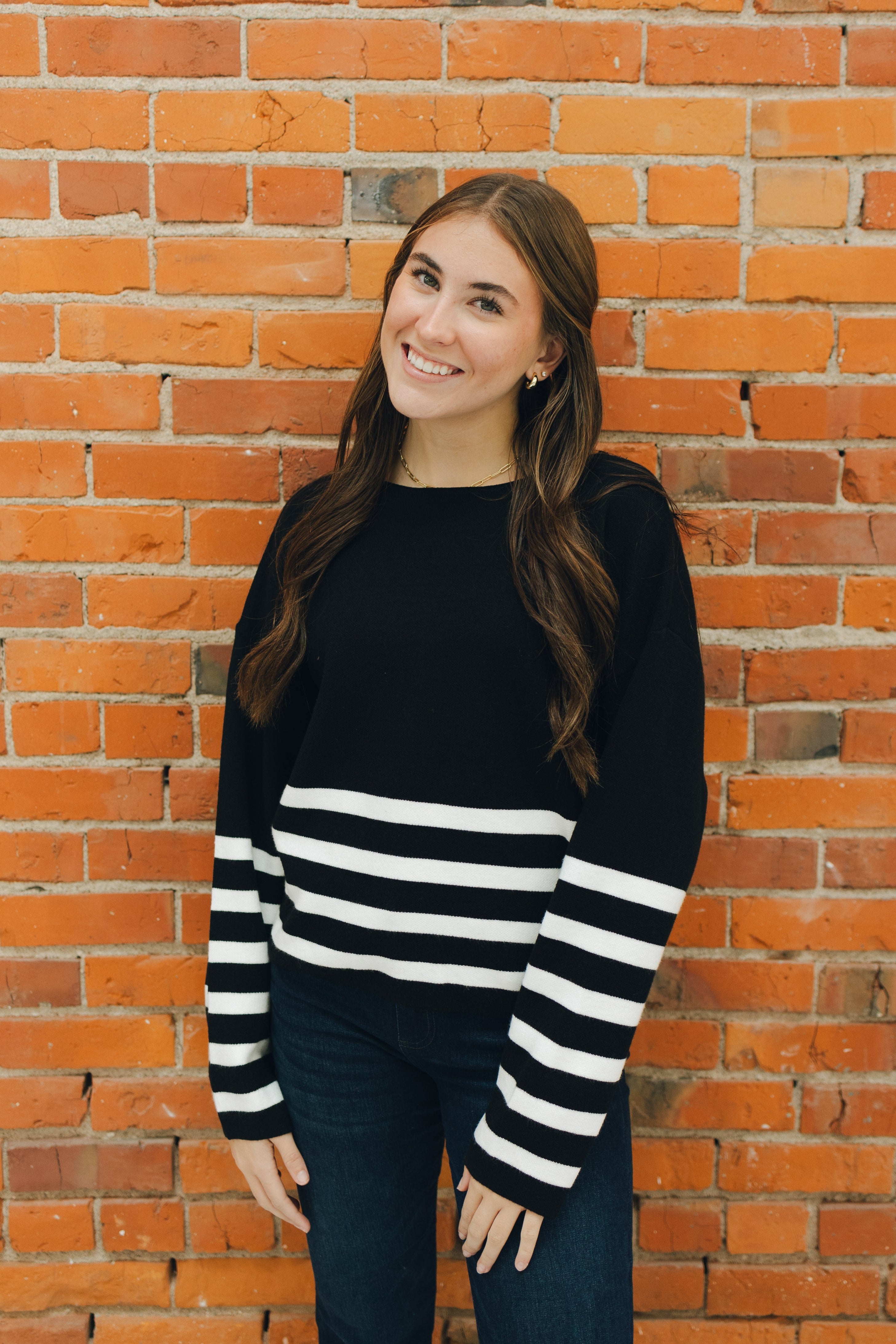 Striped Cropped Sweater - Black/Ivory