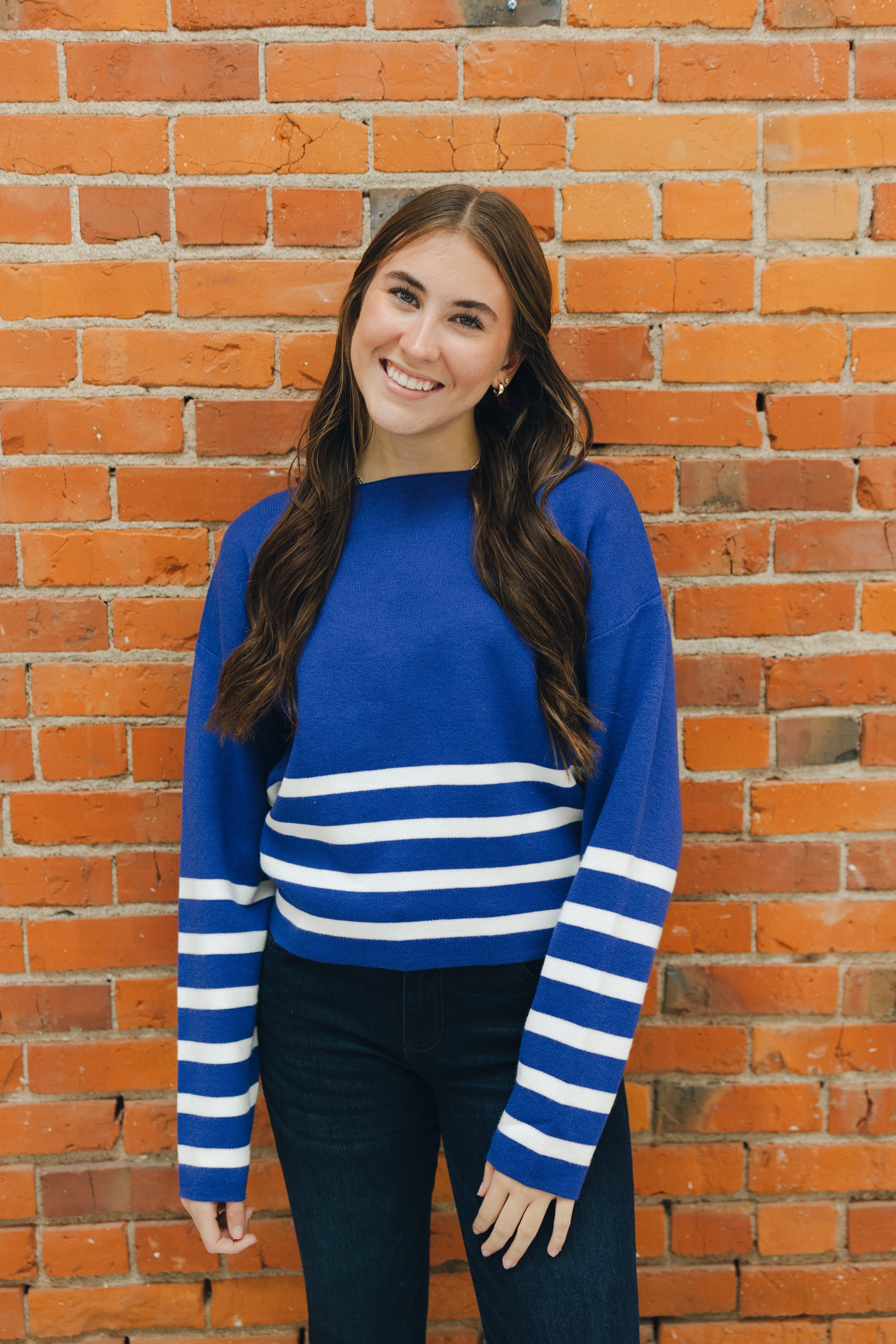 Striped Cropped Sweater - Navy/Ivory