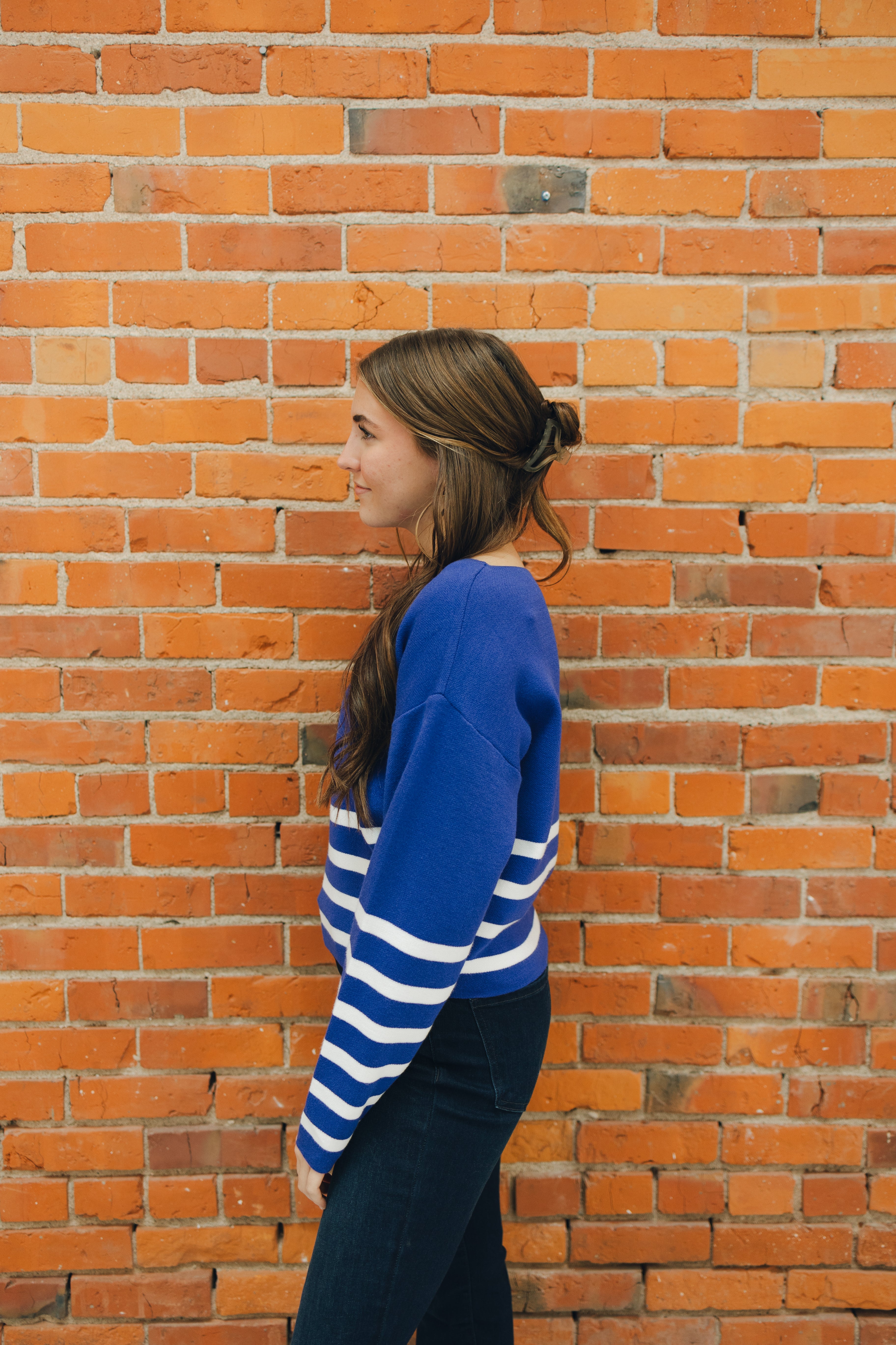 Striped Cropped Sweater - Navy/Ivory