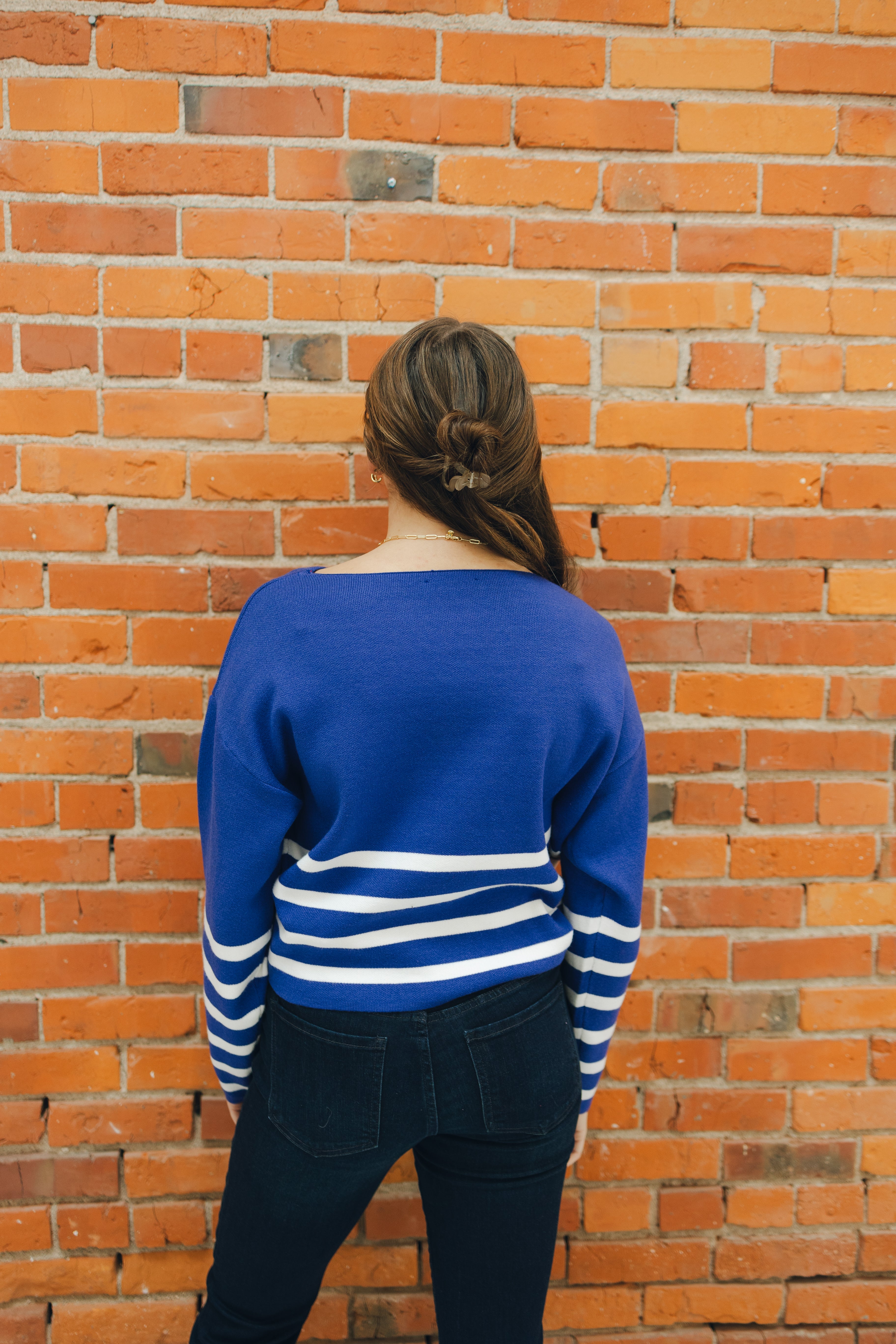 Striped Cropped Sweater - Navy/Ivory