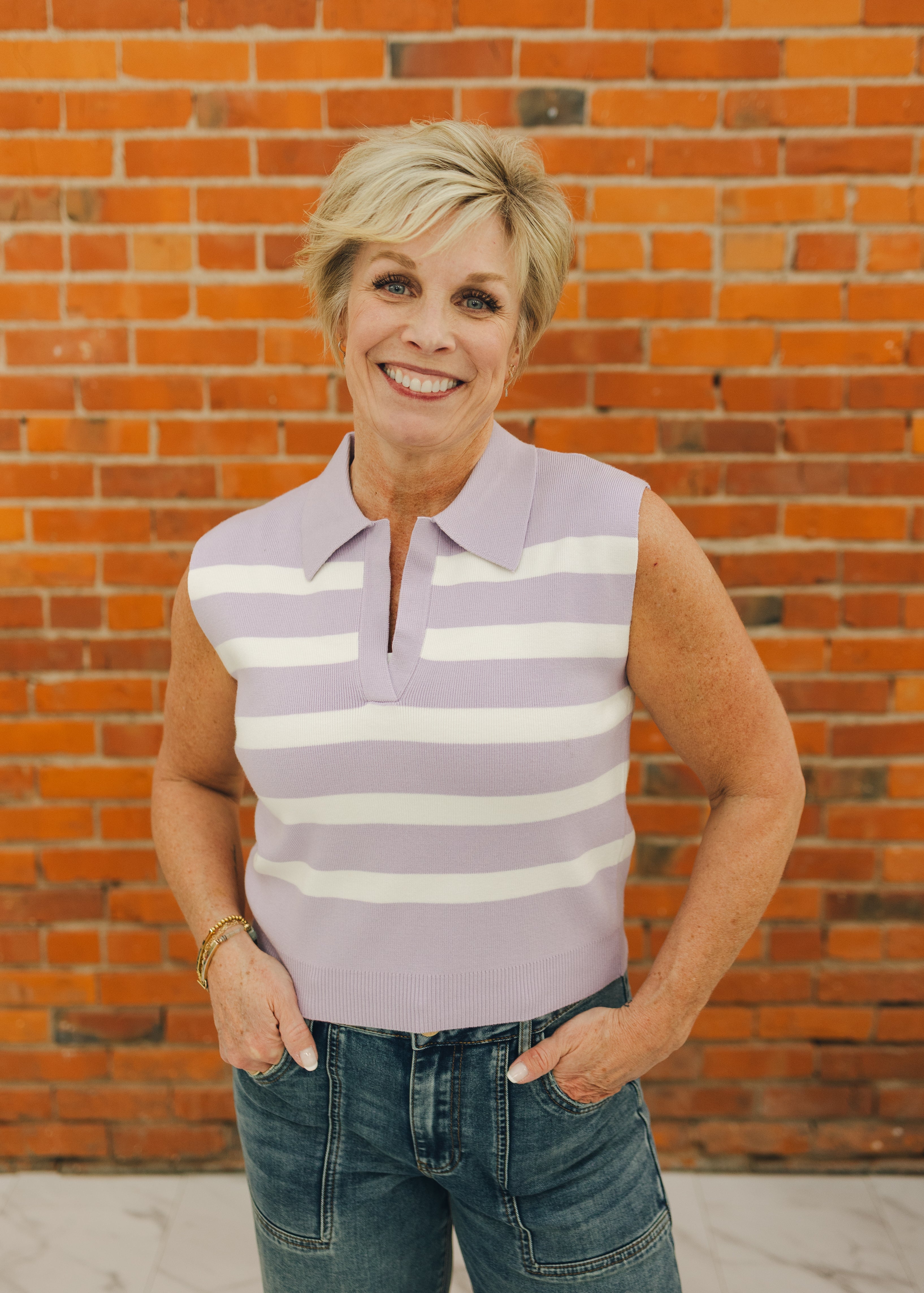 Striped Sleeveless Collared Sweater