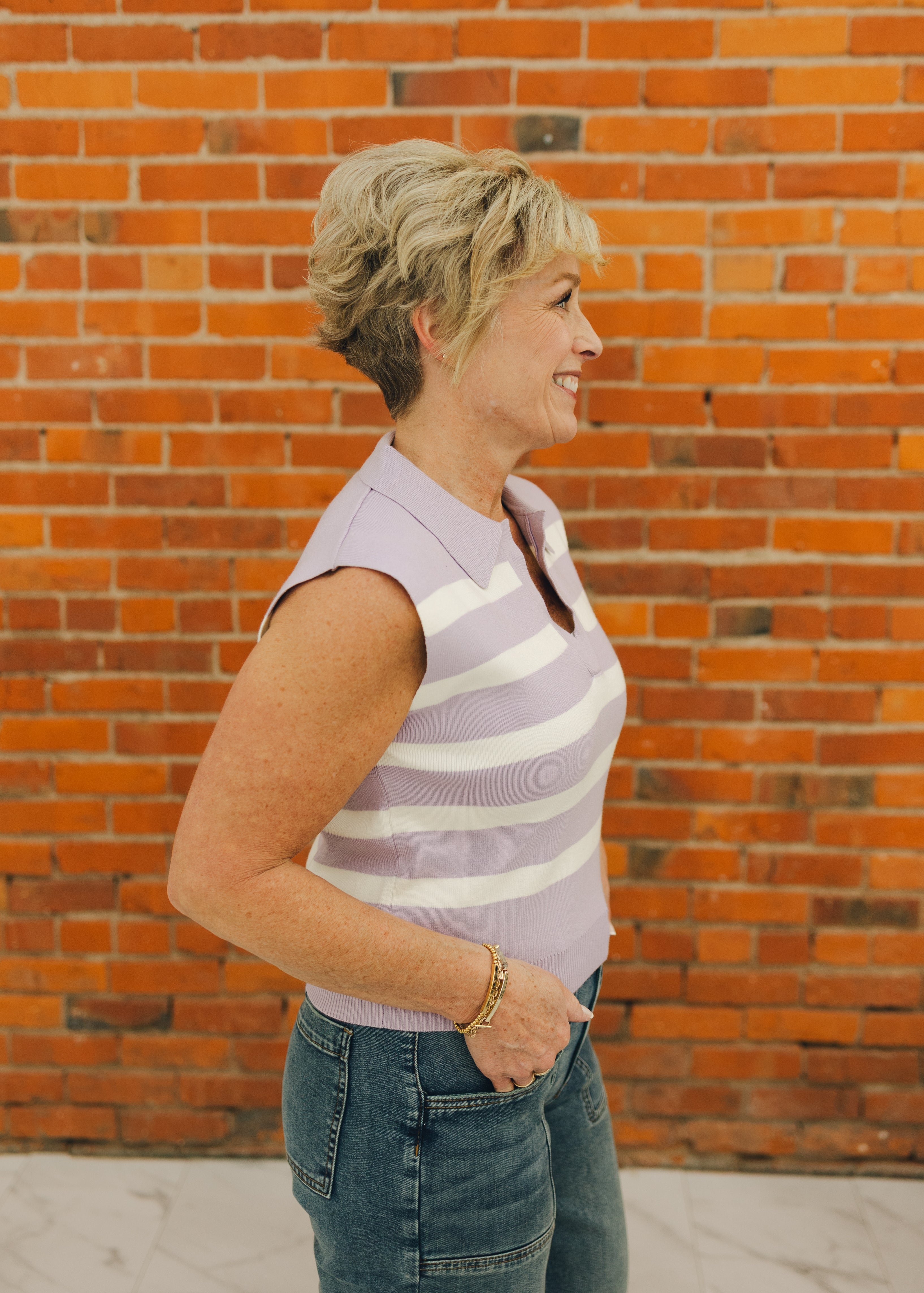 Striped Sleeveless Collared Sweater