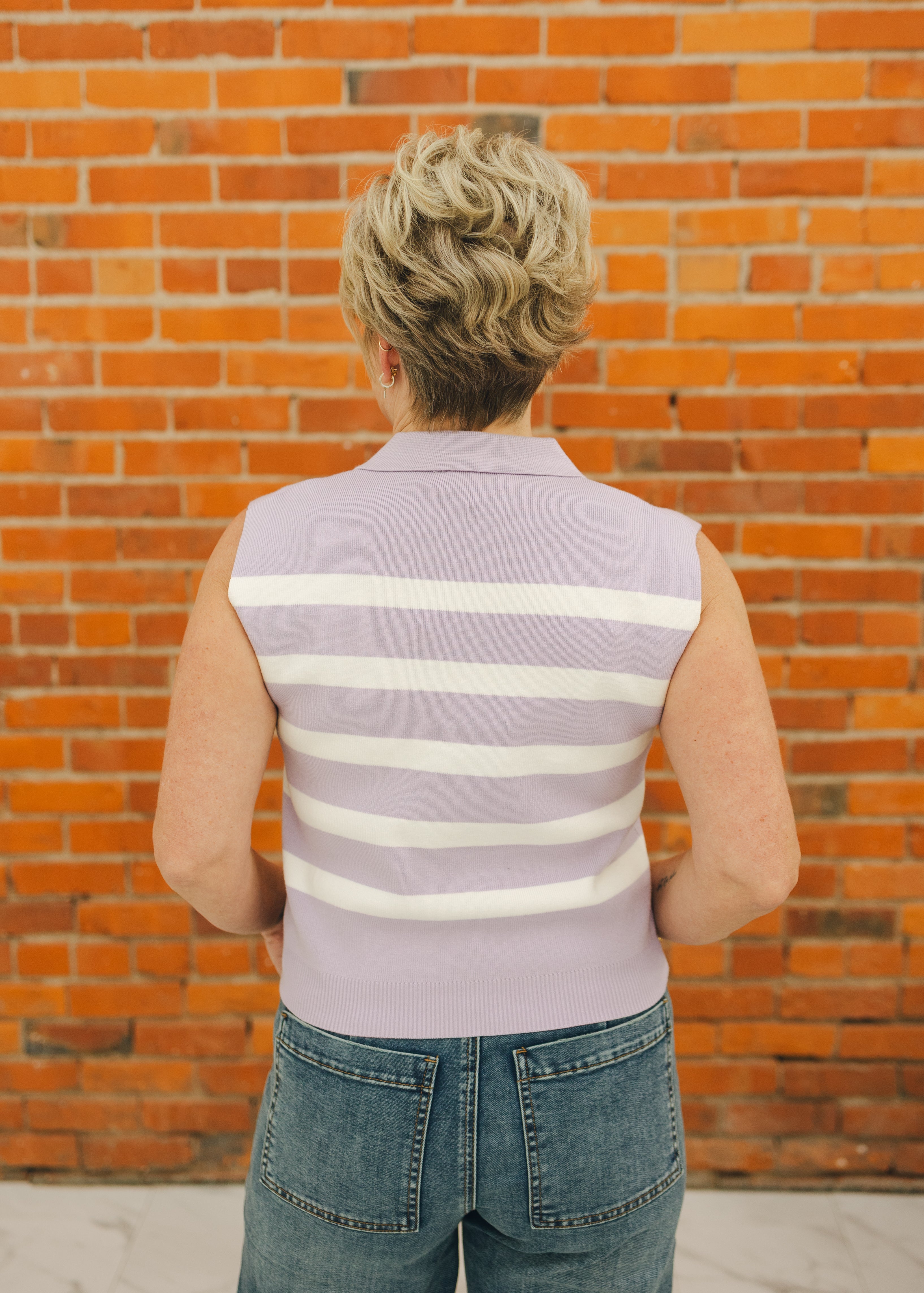 Striped Sleeveless Collared Sweater