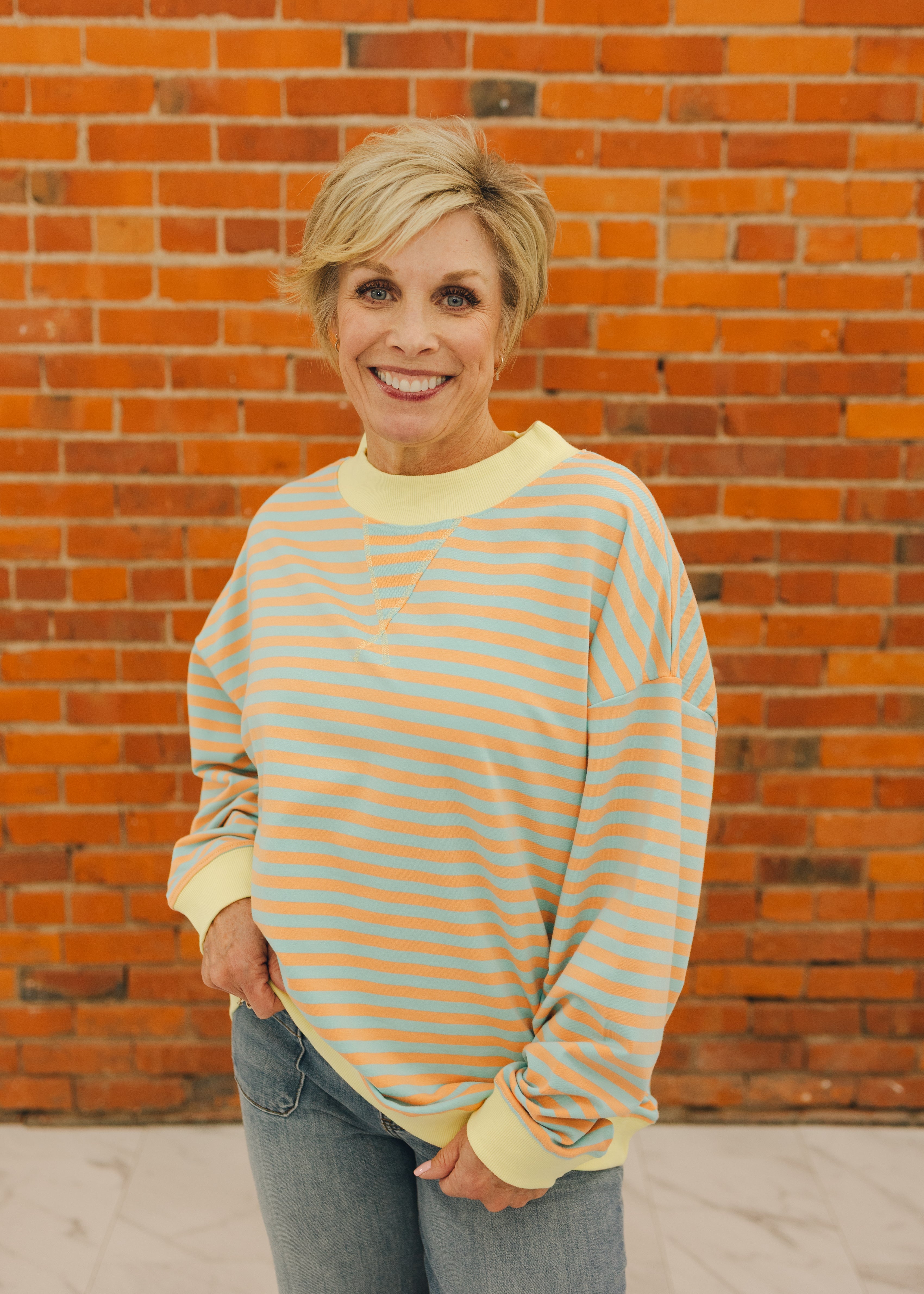 Mock Neck Striped Terry Lounge Sweatshirt
