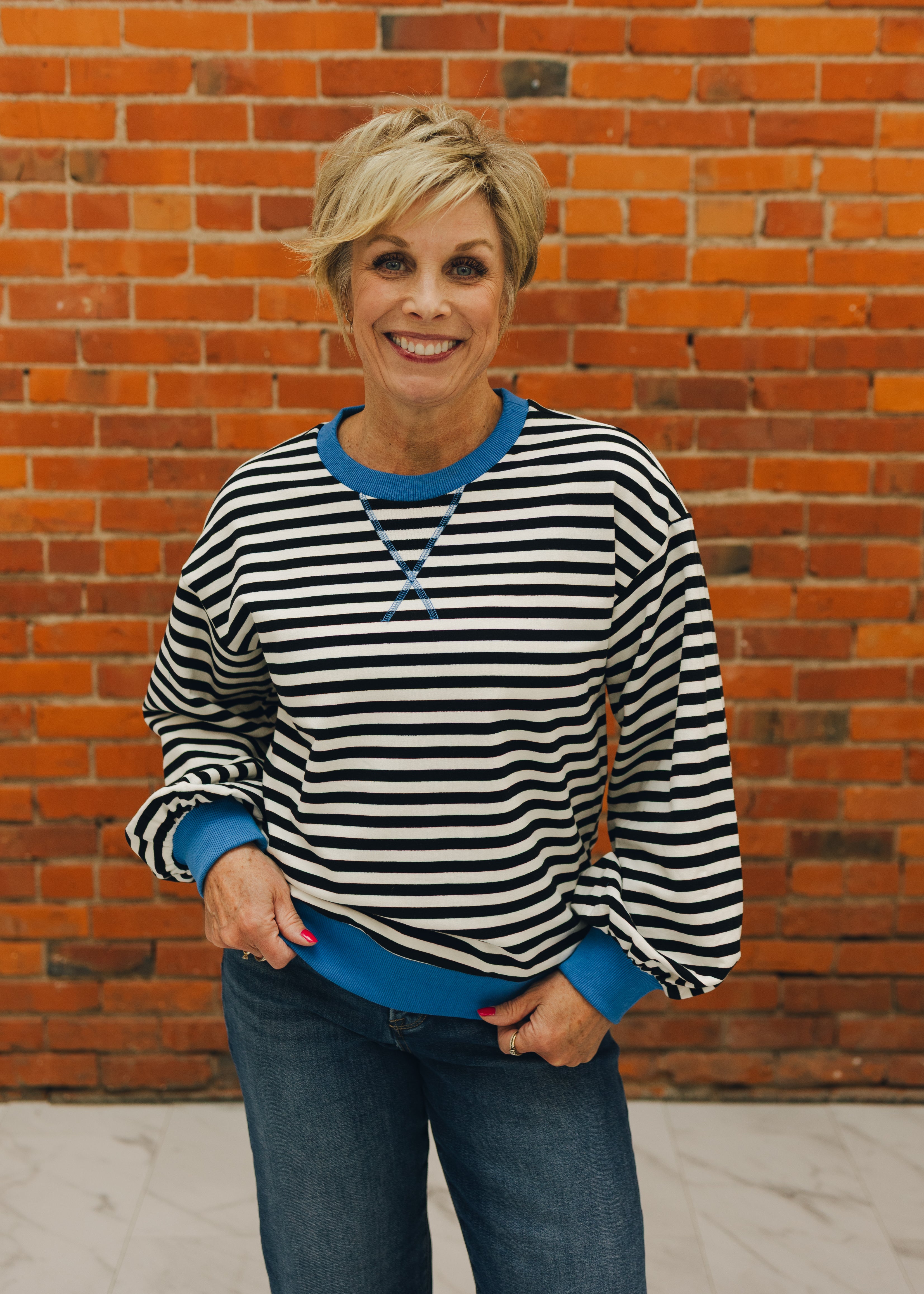 Striped Crewneck Sweatshirt with Contrast