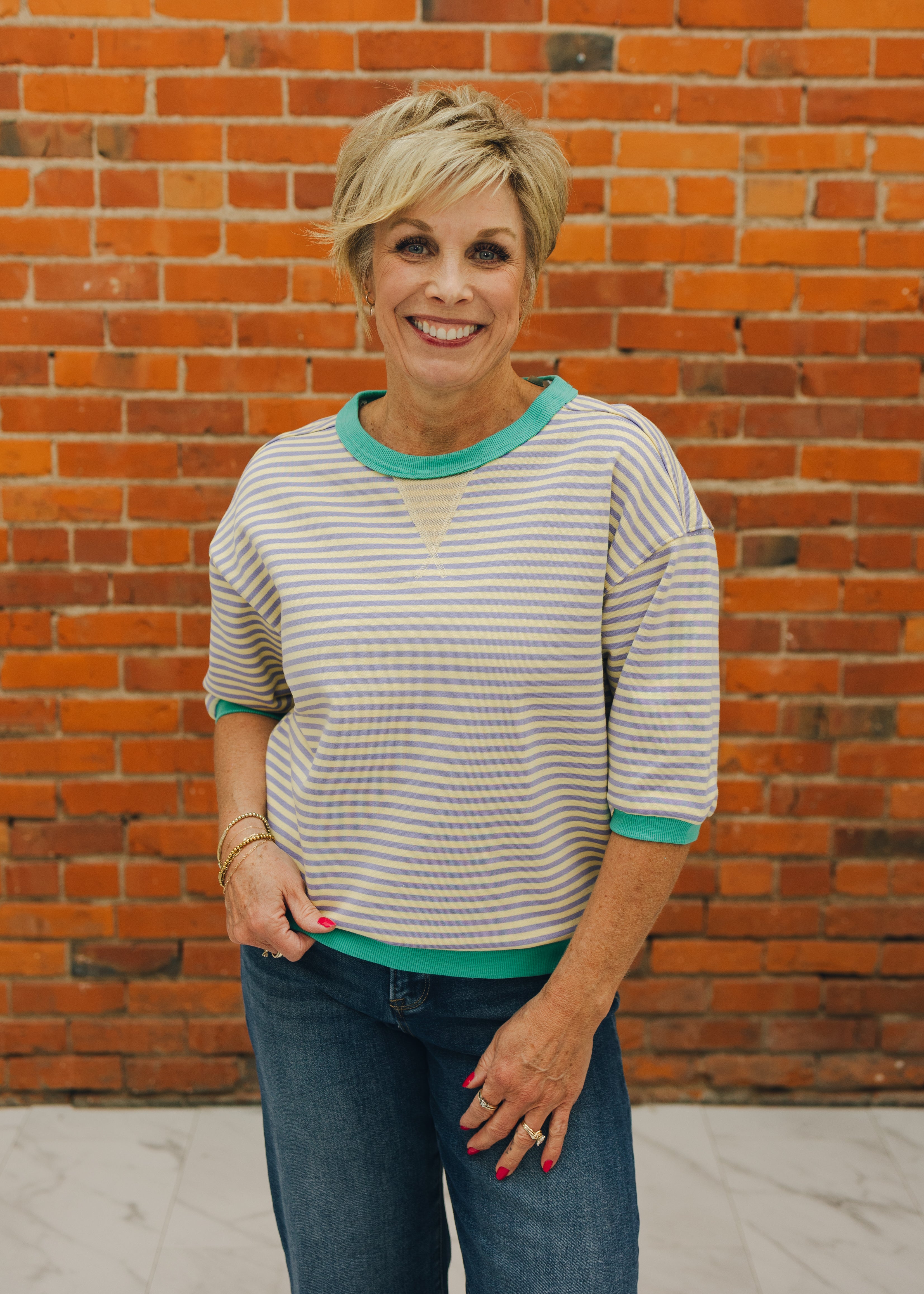 Striped Crewneck with Elbow Sleeve