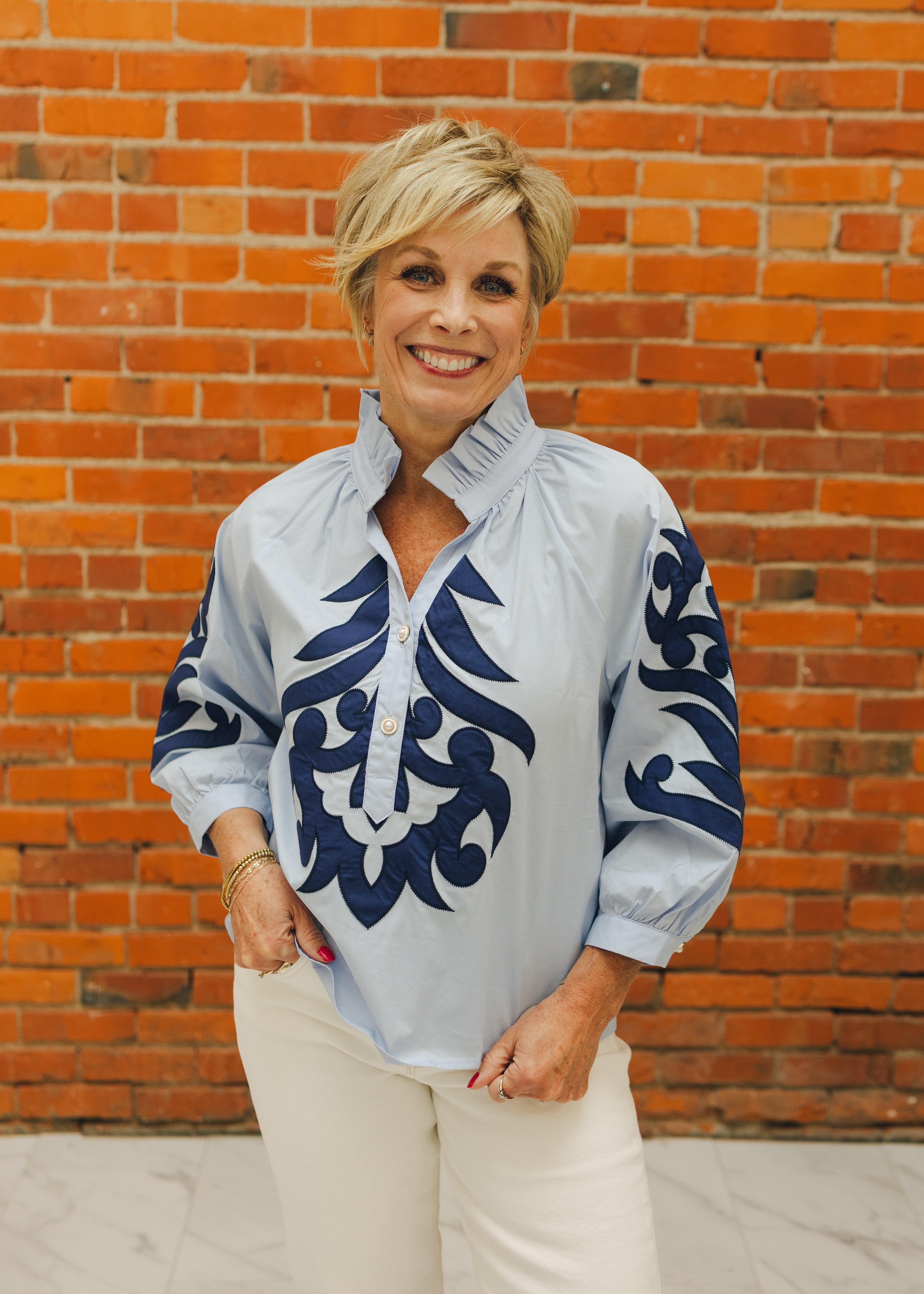 3/4 Sleeve Baroque Applique Top