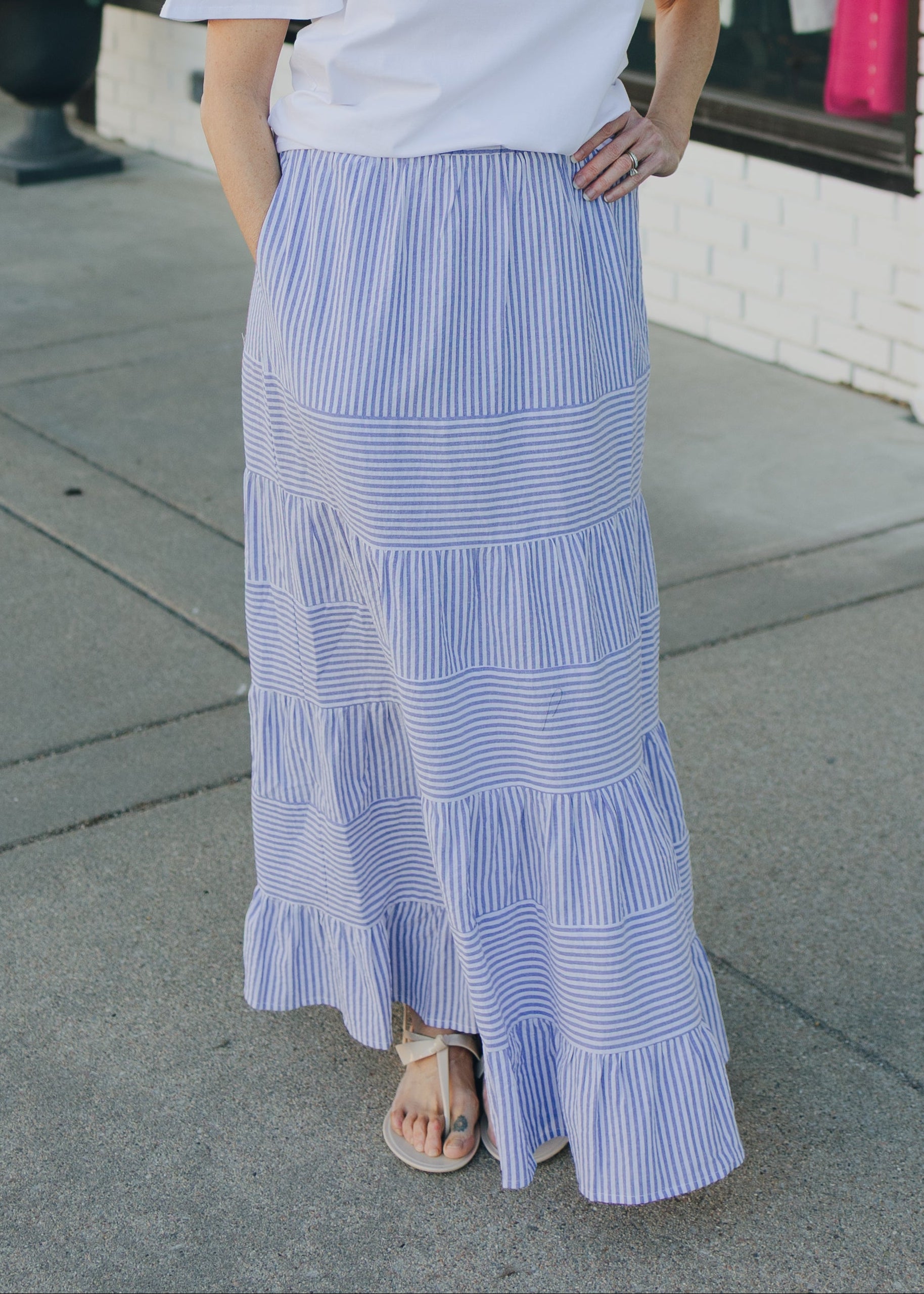 Tiered Pinstriped Elastic Waist Linen Maxi Skirt