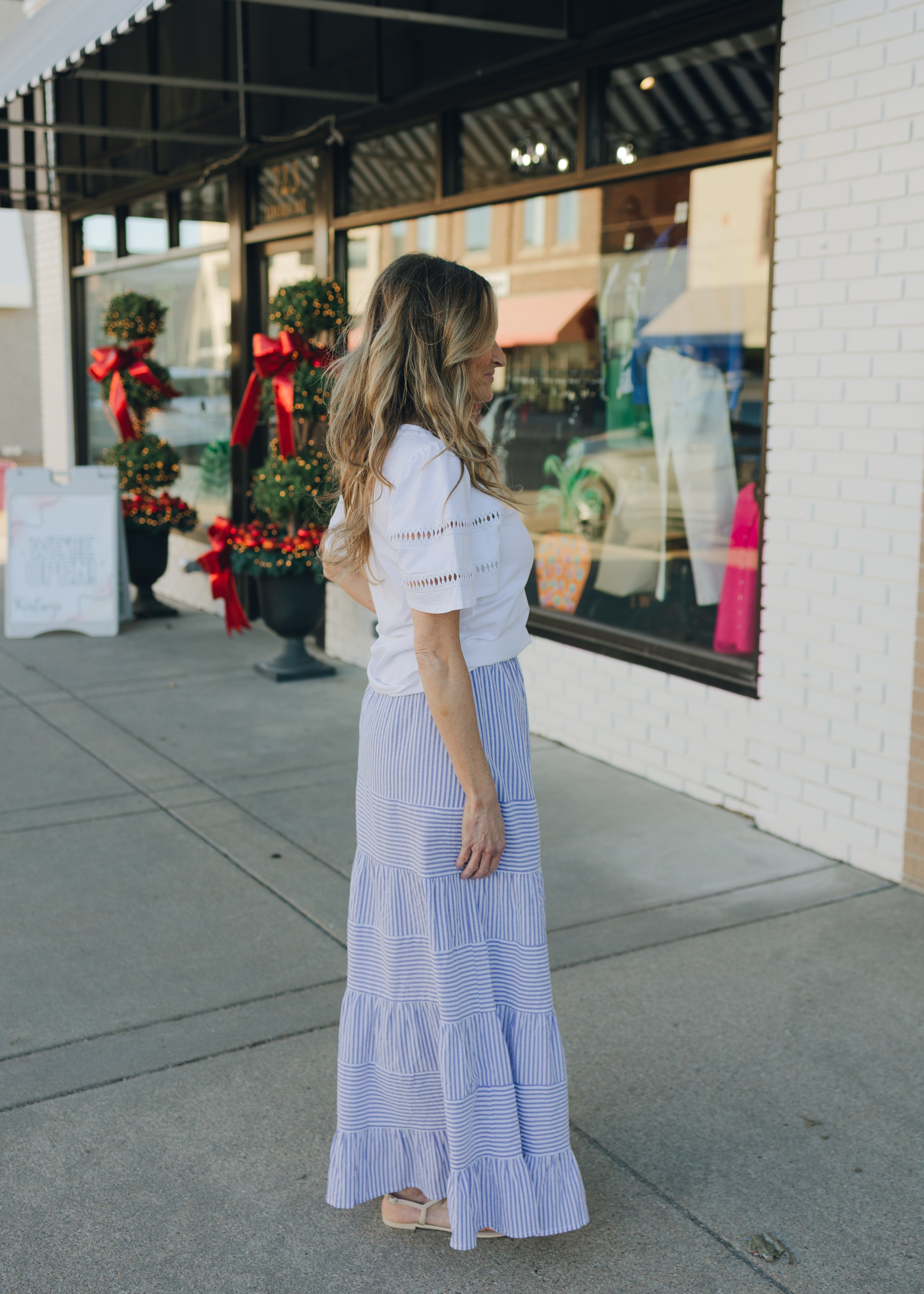 Tiered Pinstriped Elastic Waist Linen Maxi Skirt